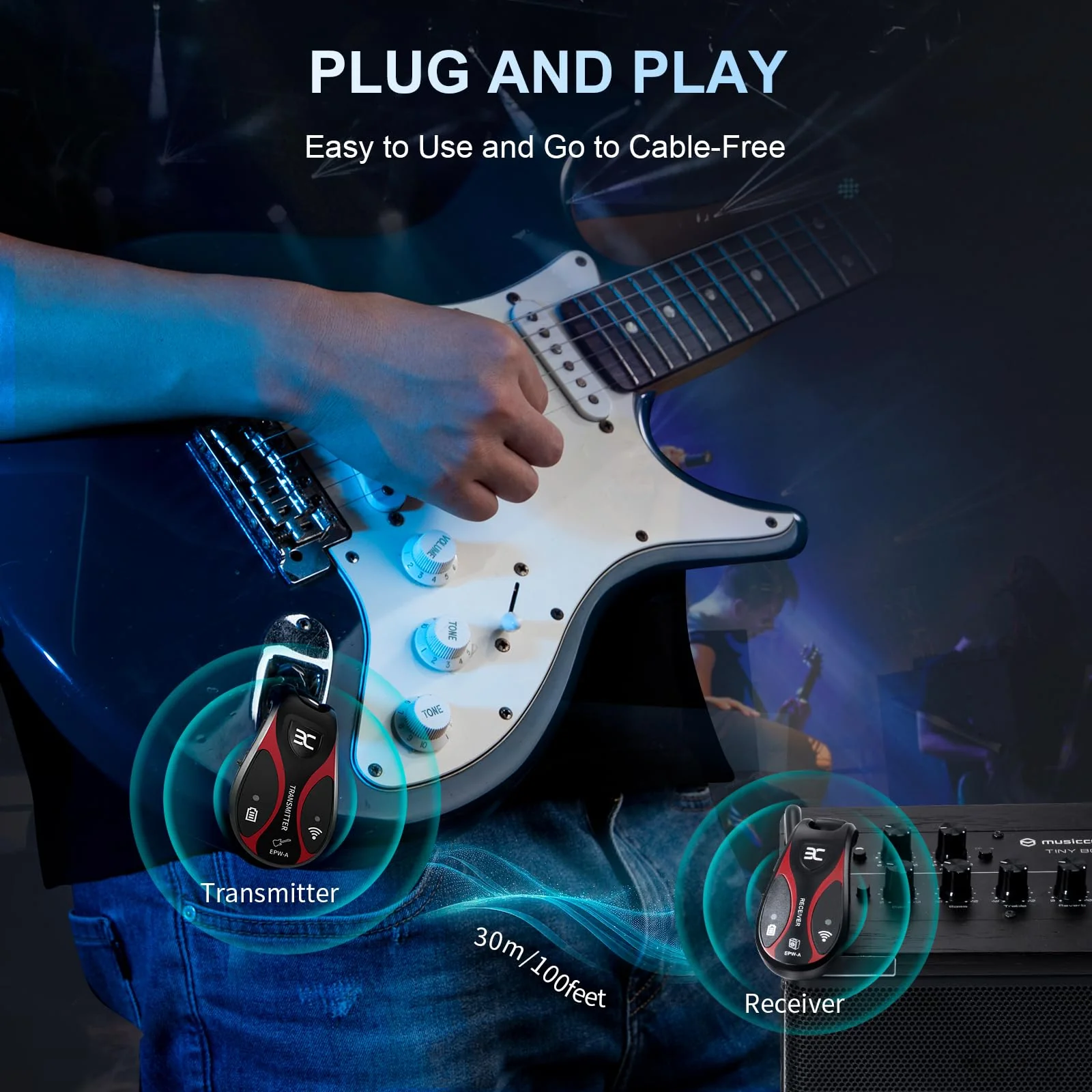 Professional Wireless Guitar System, 20 Channels, <1.5ms Ultra-Low Latency, 164ft Range, 270° Rotating Plug, Rechargeable Guitar Transmitter & Receiver for Guitar Bass Electric Instrument - Image 5