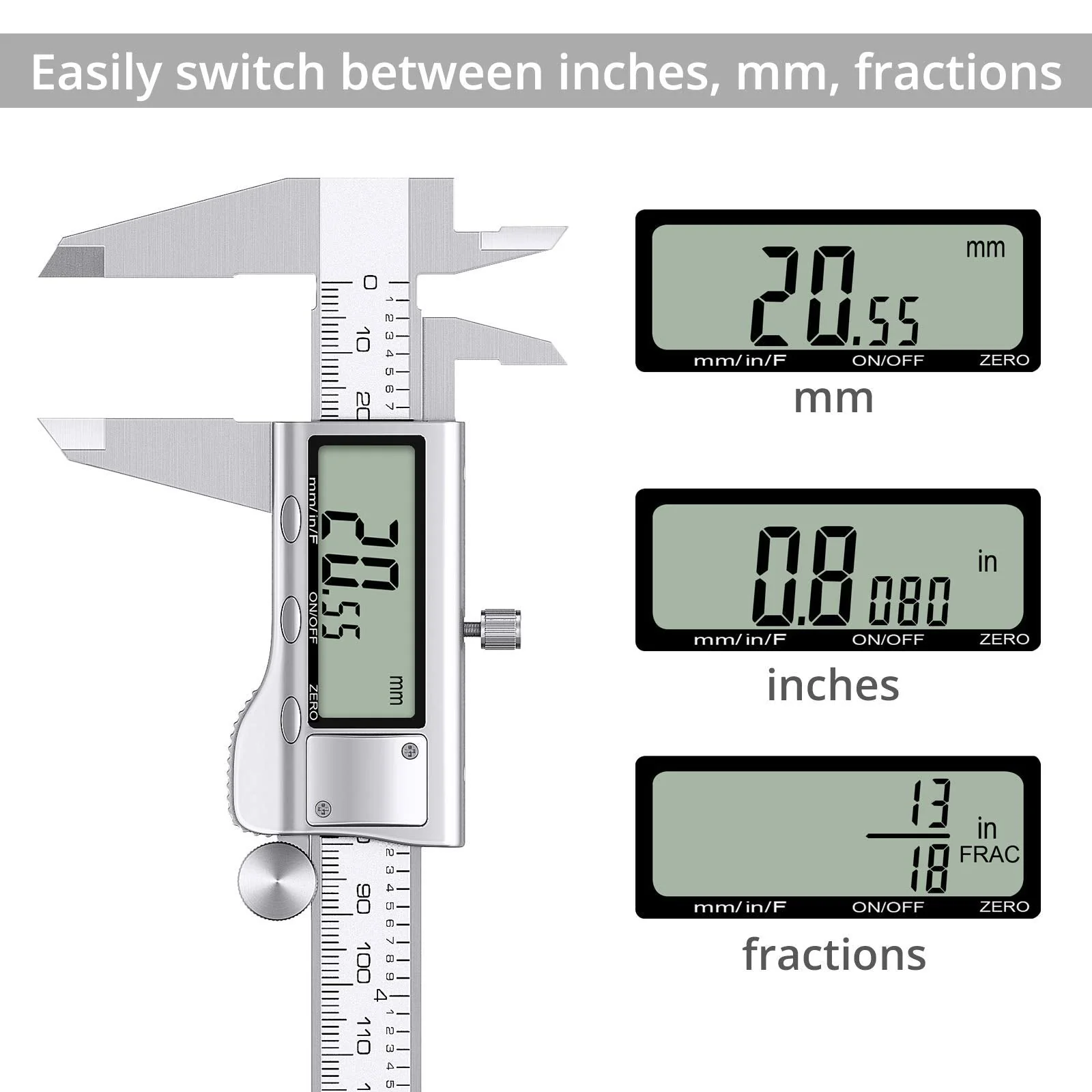 Proster Digital Caliper 8 Inch/200 mm + 32 Feeler Gauge Calliper Stainless Steel Electronic Caliper Inch/Fractions/Metric Caliper for Length Width Depth Inner / Outer Diameter 200 mm - Image 3