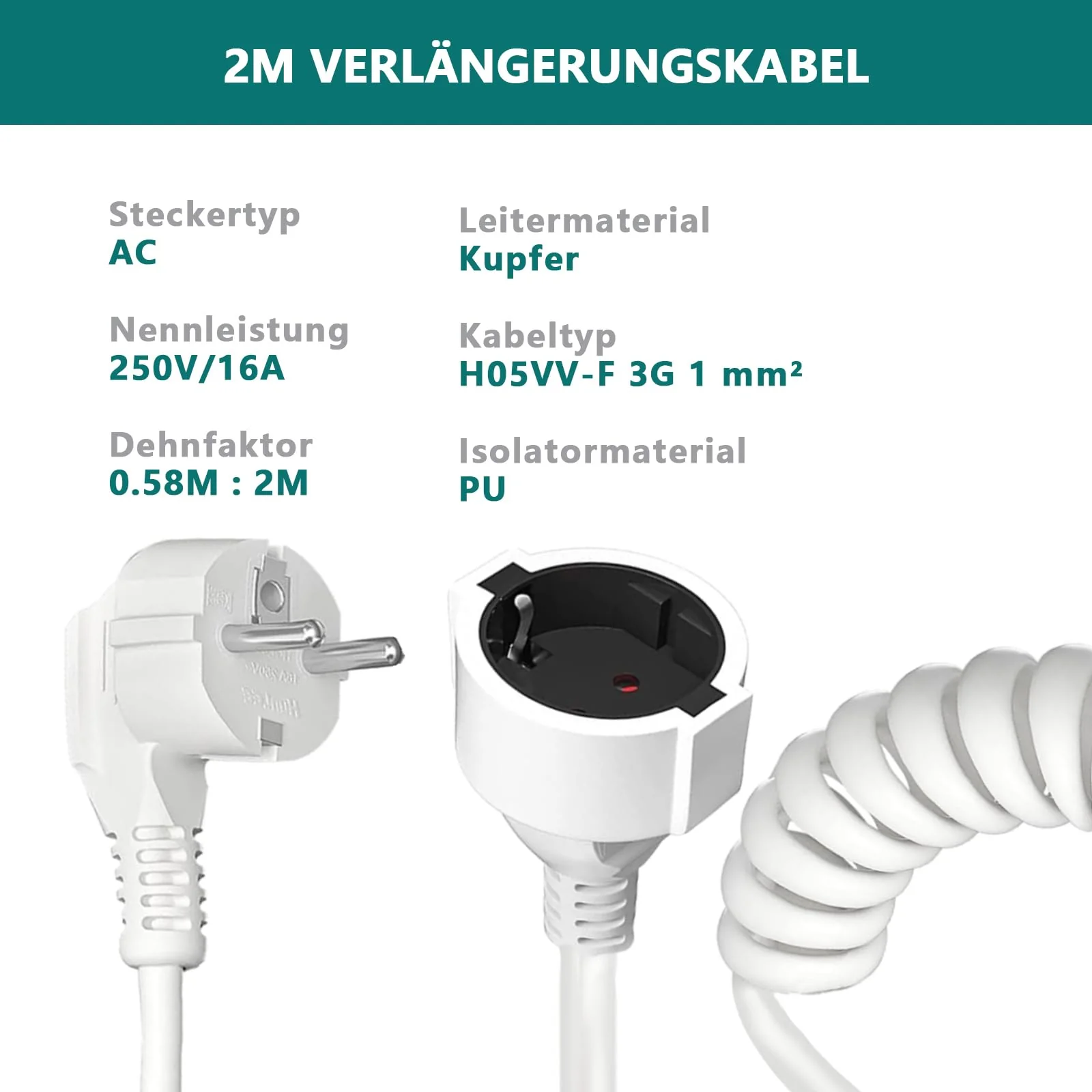 Protective Contact Extension, Spiral Extension Stretchable from 0.58 m to 2 m Max, IP20 Extension Cable, Extension (230 V/16 A), Spiral Cable with Schuko Plug and Coupling, White - Image 2