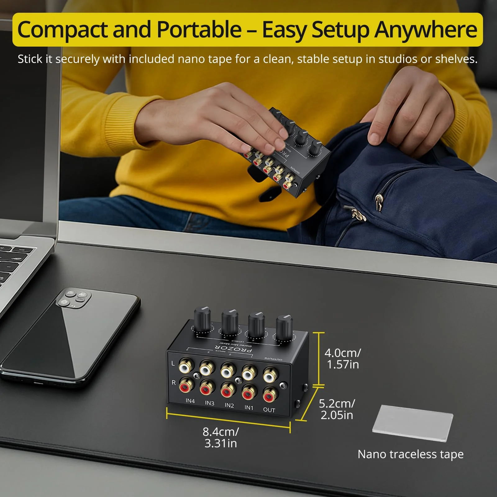 PROZOR 4-Channel Stereo Audio Mixer, RCA Input with Independent Volume Controls, Metal Housing, Ultra Low Noise, for TV/PC Mixing, Home Studios, DJ Performances – No Power Required, Plug and Play - Image 6