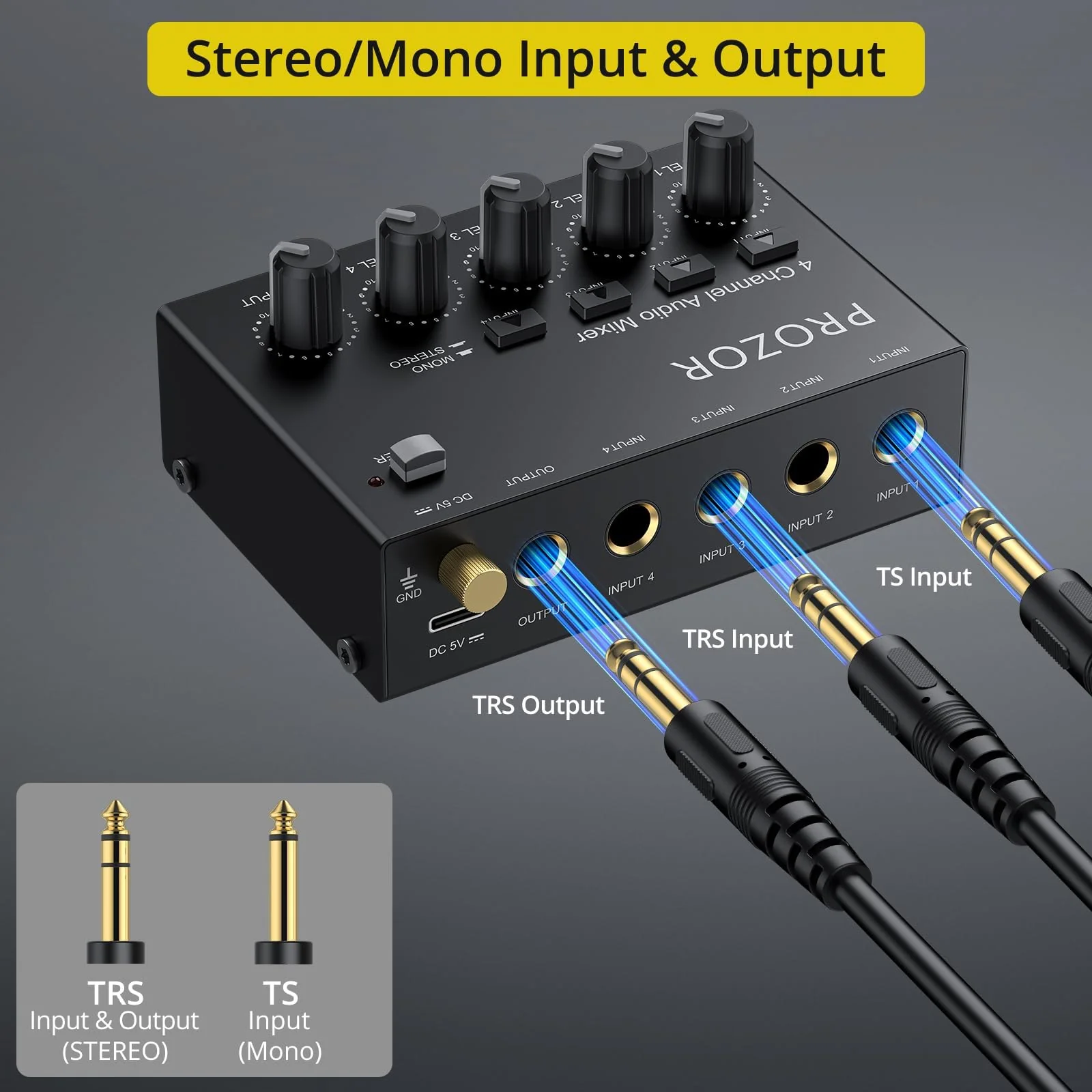 PROZOR Mini Audio Mixer 4 Channel Line Mixer - USB-C Powered Sub Mixer with Volume Control & Stereo Mono Switch, Compact Low Noise Audio Mixer for Guitar, Bass, Keyboard, Recording, Streaming - Image 2