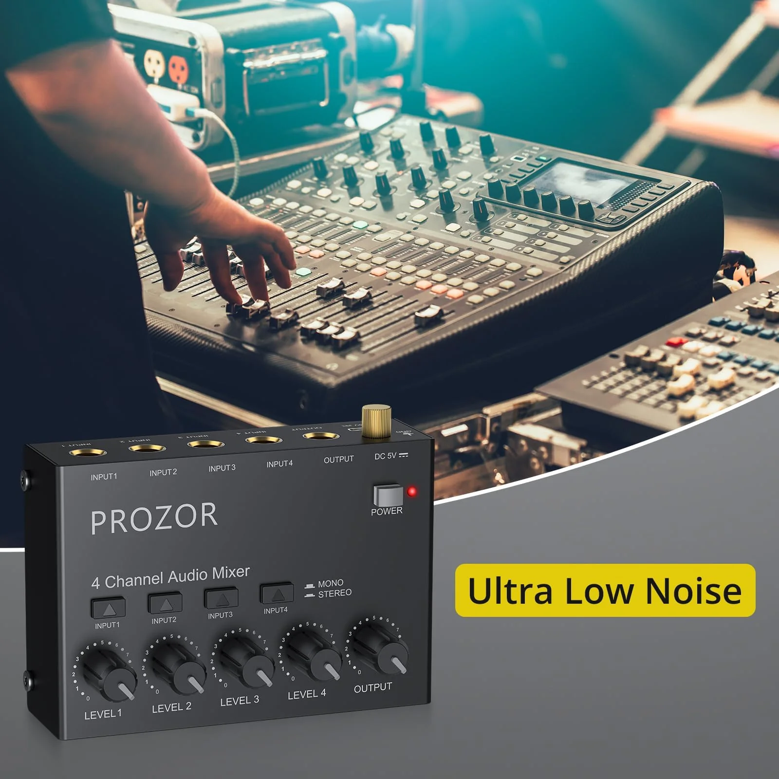 PROZOR Mini Audio Mixer 4 Channel Line Mixer - USB-C Powered Sub Mixer with Volume Control & Stereo Mono Switch, Compact Low Noise Audio Mixer for Guitar, Bass, Keyboard, Recording, Streaming - Image 7