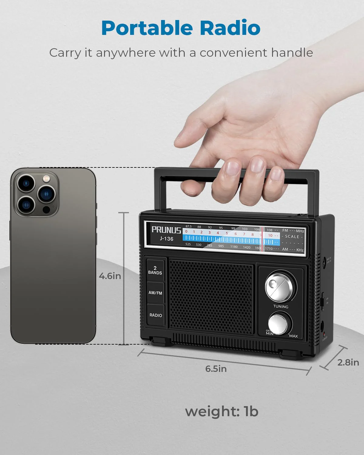 PRUNUS J-136 Portable AM FM Radio with Best Reception,D Battery Operated or Plug in Wall, Transistor Radio,Loud Speaker Support AUX in and Micphone in, Small Radios Portable AM FM, No - Image 2