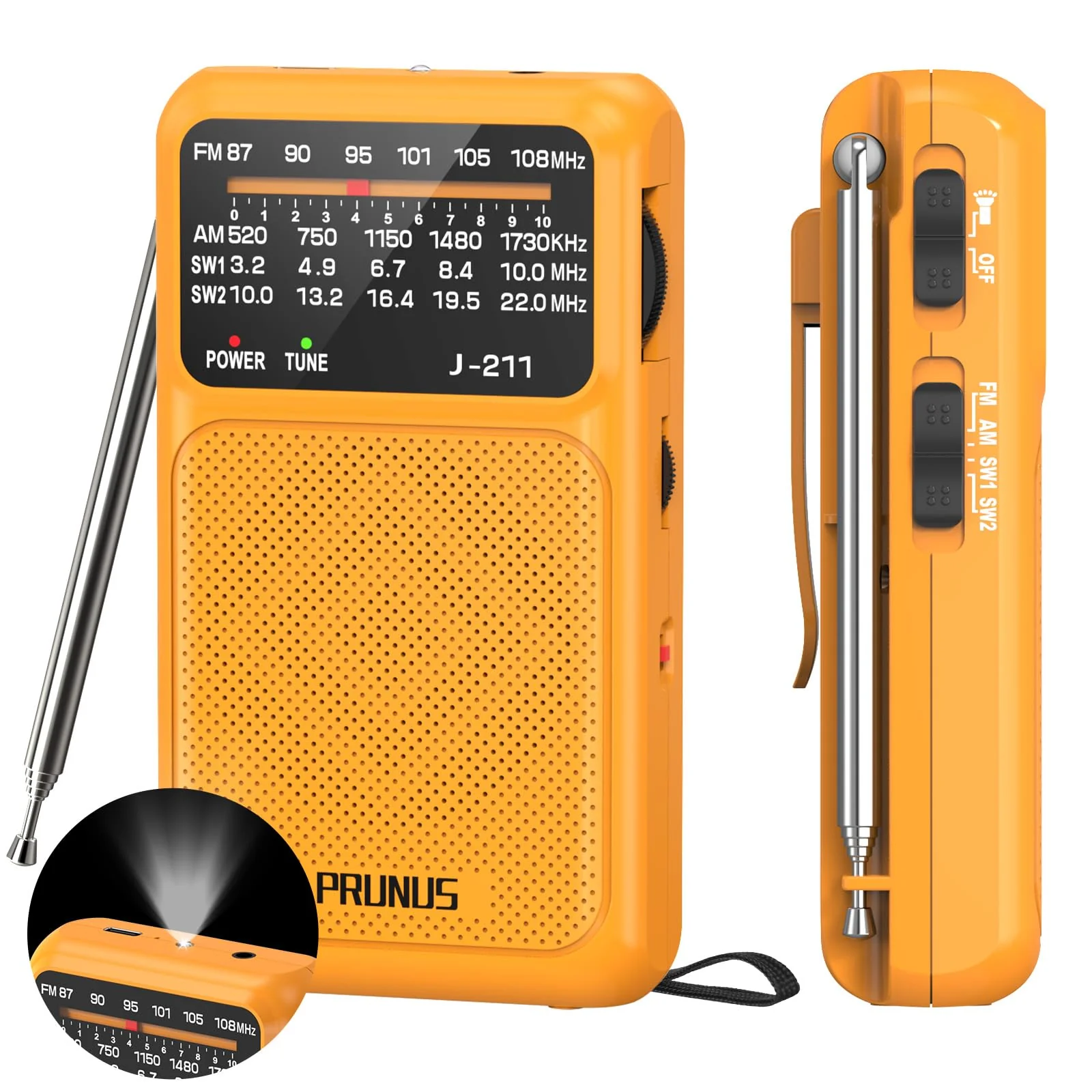 PRUNUS J-211 Portable Radio AM FM with USB Charging and AA Battery Operated, Transistor Radio, Strong Reception& Clear Speaker, Headphone Jack, Back Clip, Lanyard, Small radios Portable AM FM Orange