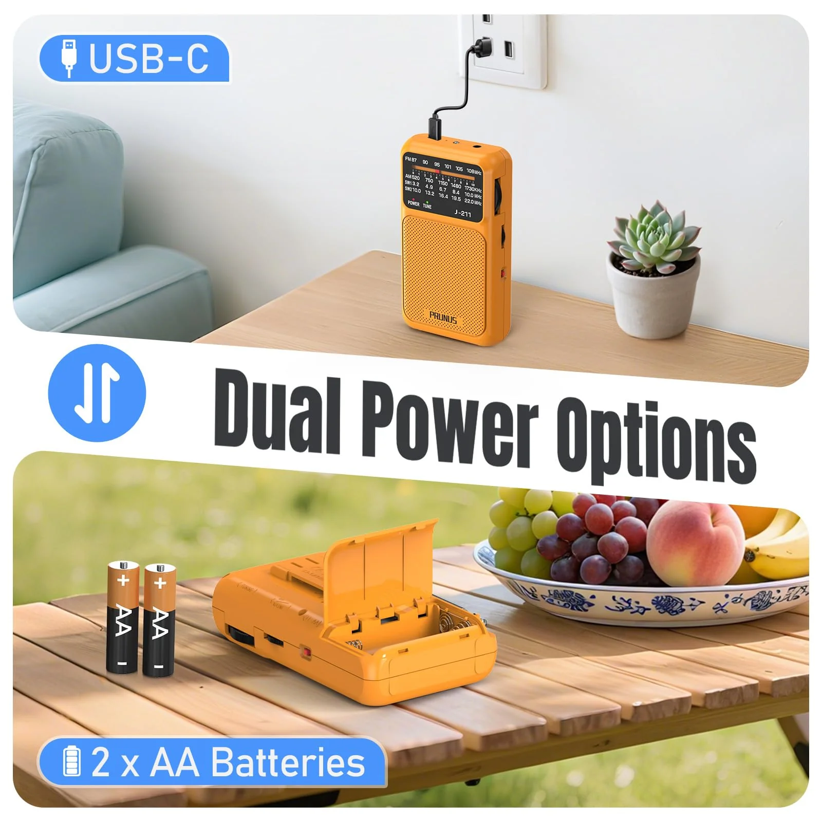 PRUNUS J-211 Portable Radio AM FM with USB Charging and AA Battery Operated, Transistor Radio, Strong Reception& Clear Speaker, Headphone Jack, Back Clip, Lanyard, Small radios Portable AM FM Orange - Image 2