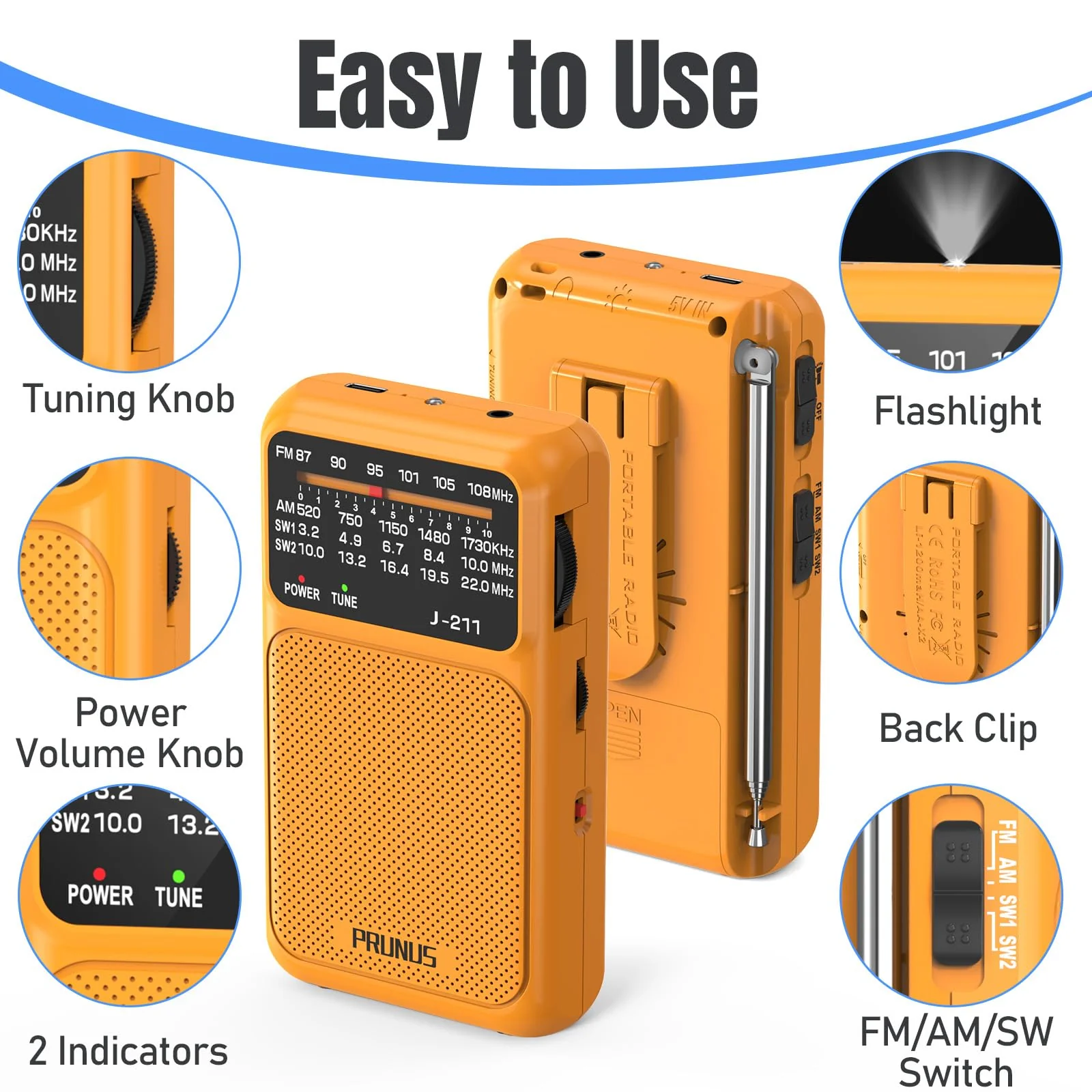 PRUNUS J-211 Portable Radio AM FM with USB Charging and AA Battery Operated, Transistor Radio, Strong Reception& Clear Speaker, Headphone Jack, Back Clip, Lanyard, Small radios Portable AM FM Orange - Image 5