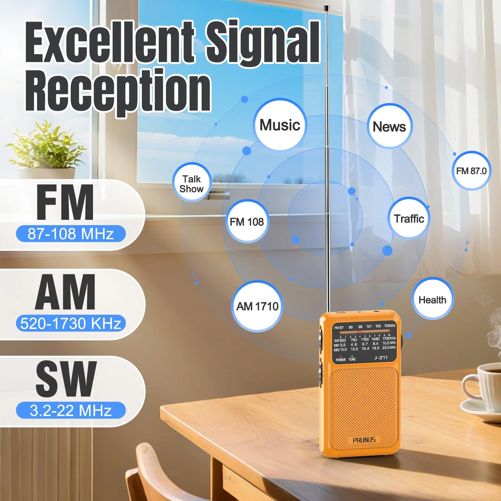 PRUNUS J-211 Portable Radio AM FM with USB Charging and AA Battery Operated, Transistor Radio, Strong Reception& Clear Speaker, Headphone Jack, Back Clip, Lanyard, Small radios Portable AM FM Orange - Image 6