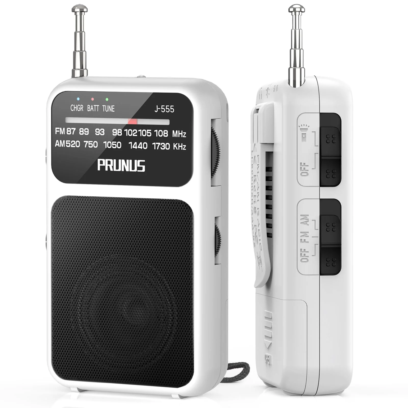 PRUNUS J-555 Pocket Radio AM FM USB-C Charging& Battery Operated, Excellent Reception& Clear Speaker and Headphone Jack, Back Clip, Flashlight, Transistor Radio, Portable Radio AM FM, Mini Radio White