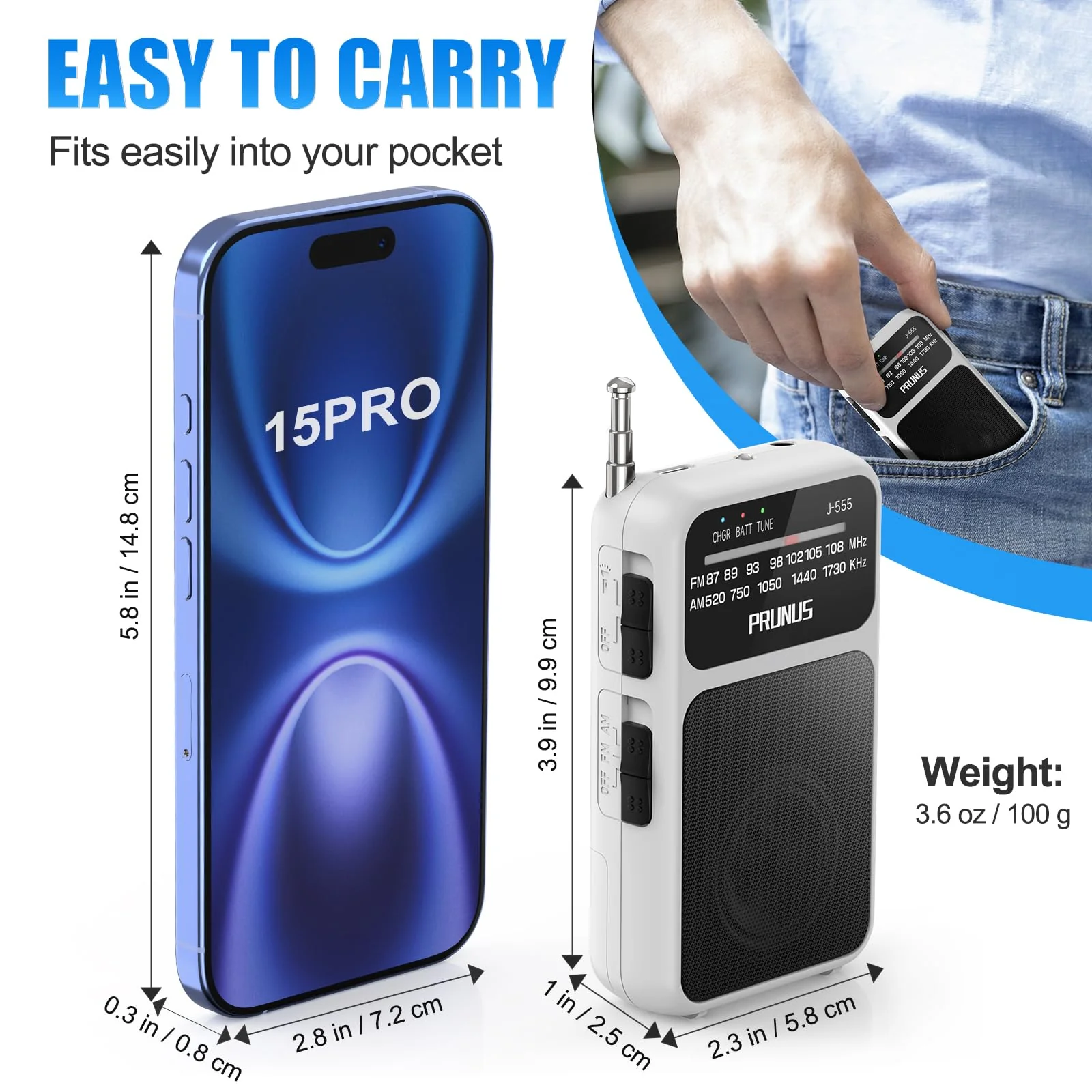 PRUNUS J-555 Pocket Radio AM FM USB-C Charging& Battery Operated, Excellent Reception& Clear Speaker and Headphone Jack, Back Clip, Flashlight, Transistor Radio, Portable Radio AM FM, Mini Radio White - Image 3