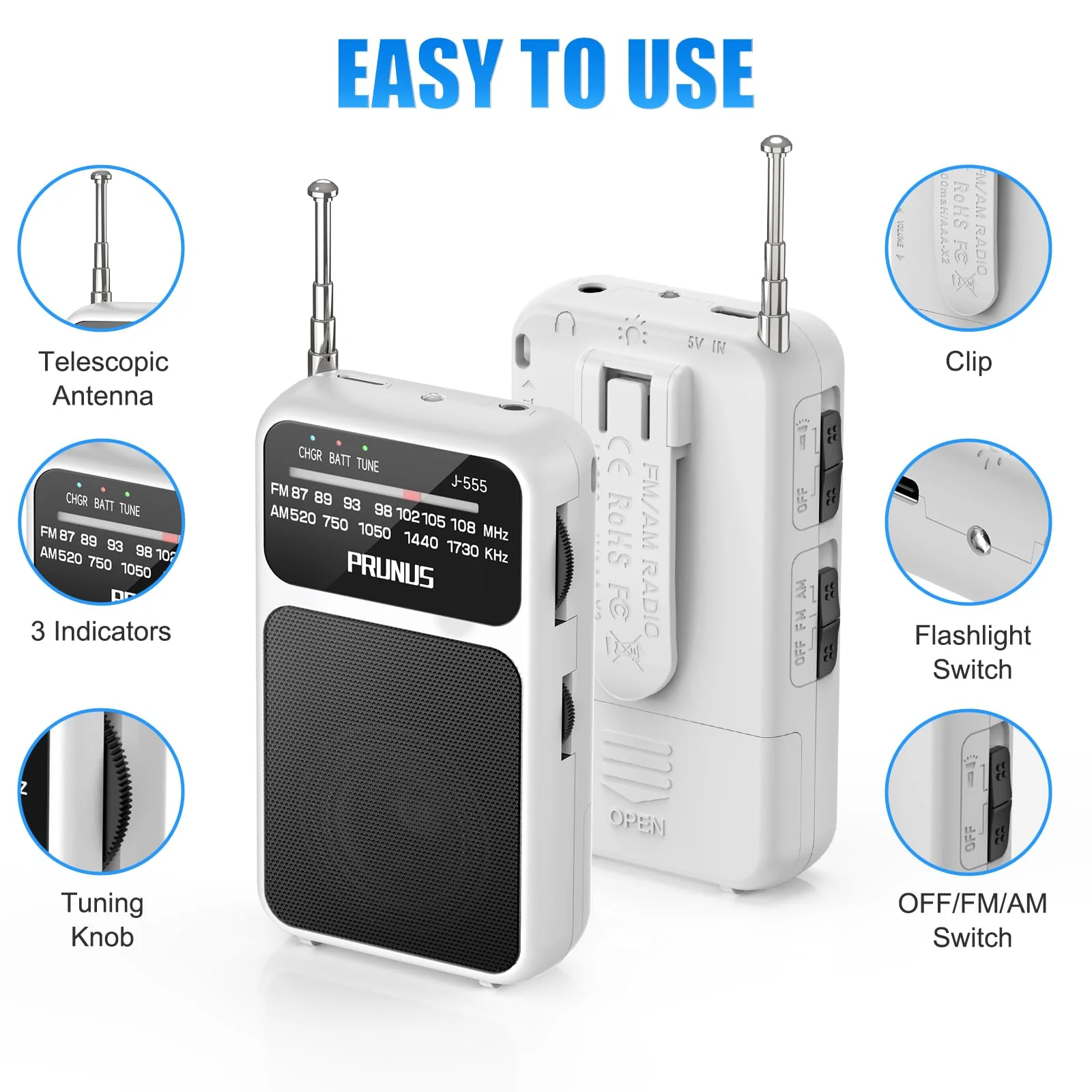 PRUNUS J-555 Pocket Radio AM FM USB-C Charging& Battery Operated, Excellent Reception& Clear Speaker and Headphone Jack, Back Clip, Flashlight, Transistor Radio, Portable Radio AM FM, Mini Radio White - Image 4