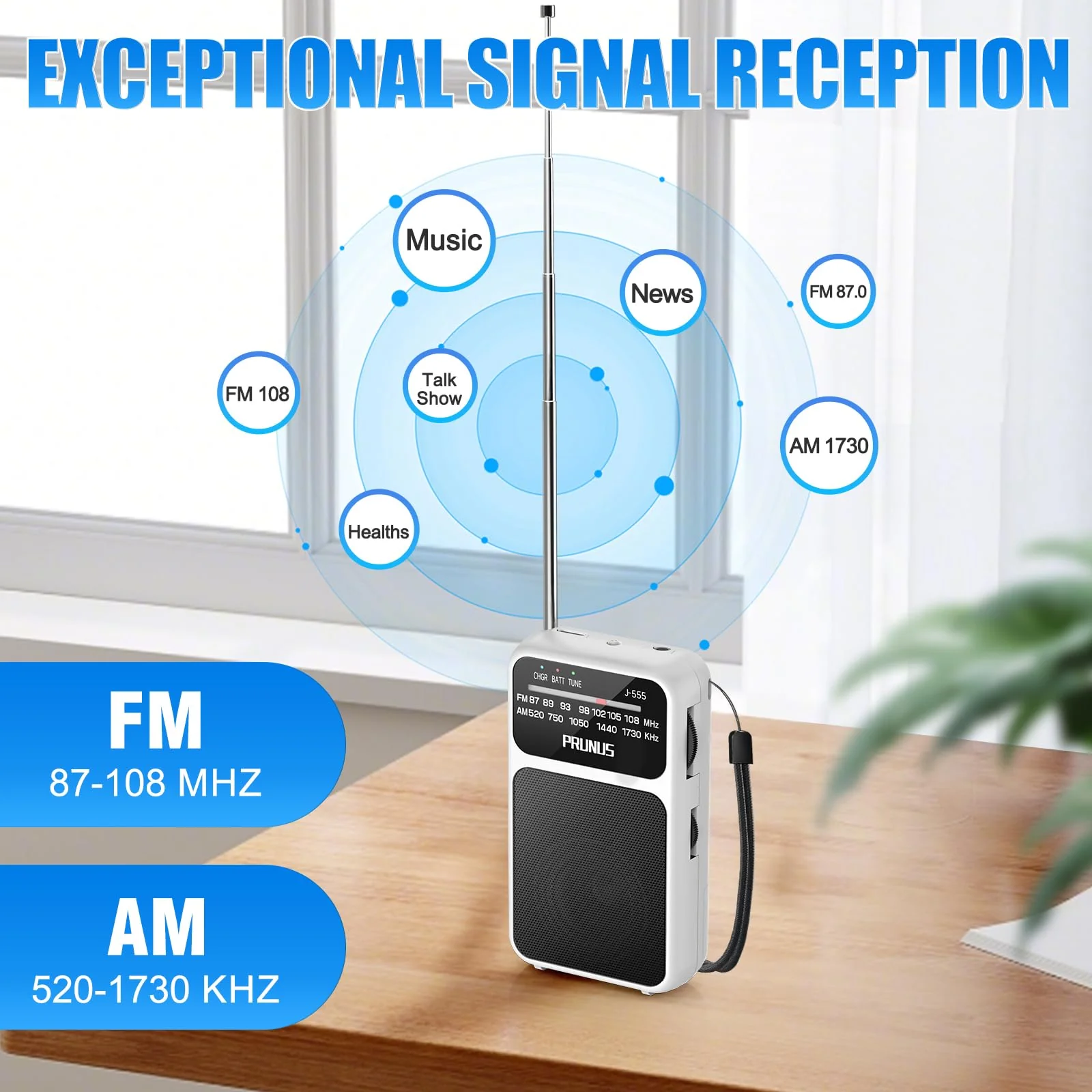 PRUNUS J-555 Pocket Radio AM FM USB-C Charging& Battery Operated, Excellent Reception& Clear Speaker and Headphone Jack, Back Clip, Flashlight, Transistor Radio, Portable Radio AM FM, Mini Radio White - Image 5