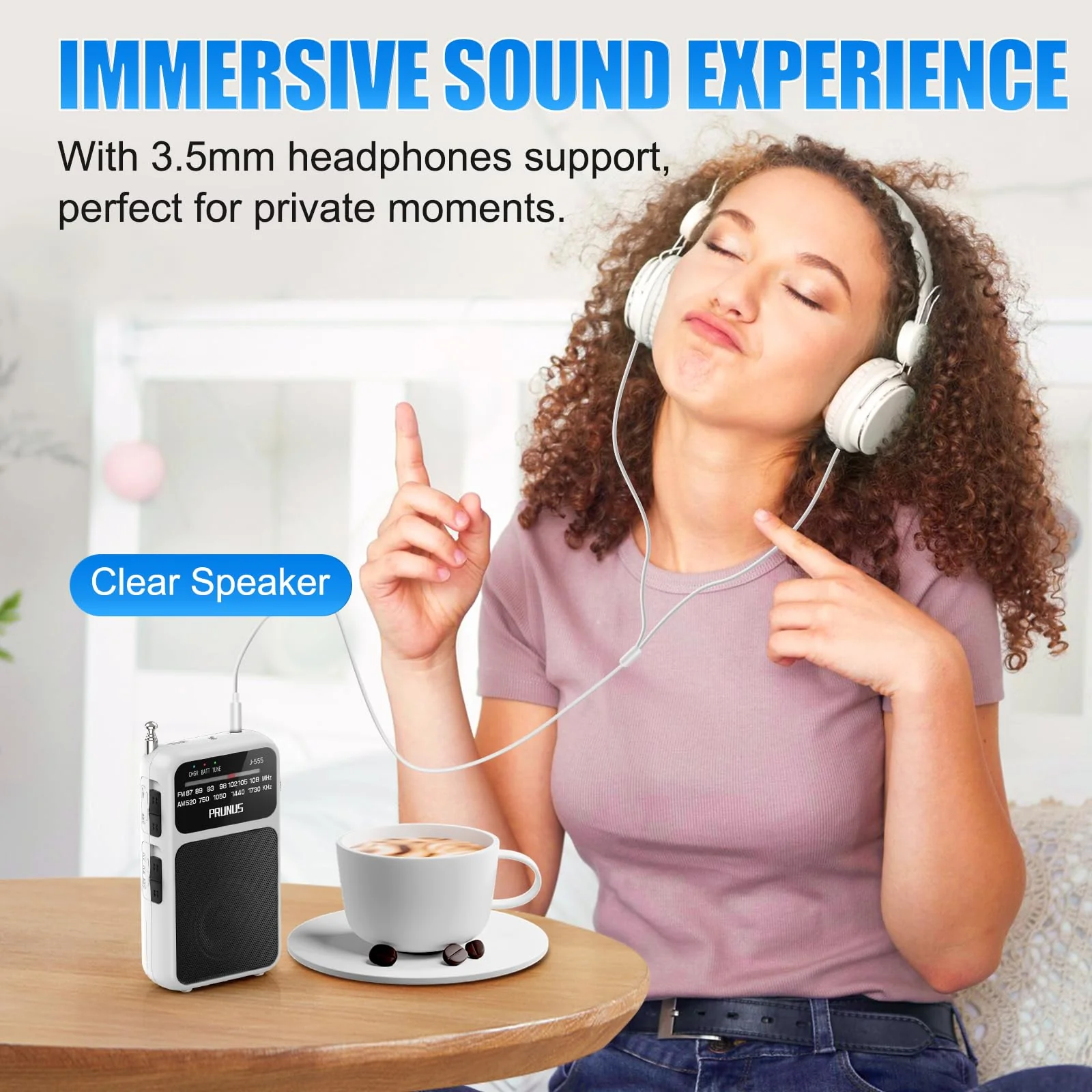 PRUNUS J-555 Pocket Radio AM FM USB-C Charging& Battery Operated, Excellent Reception& Clear Speaker and Headphone Jack, Back Clip, Flashlight, Transistor Radio, Portable Radio AM FM, Mini Radio White - Image 6