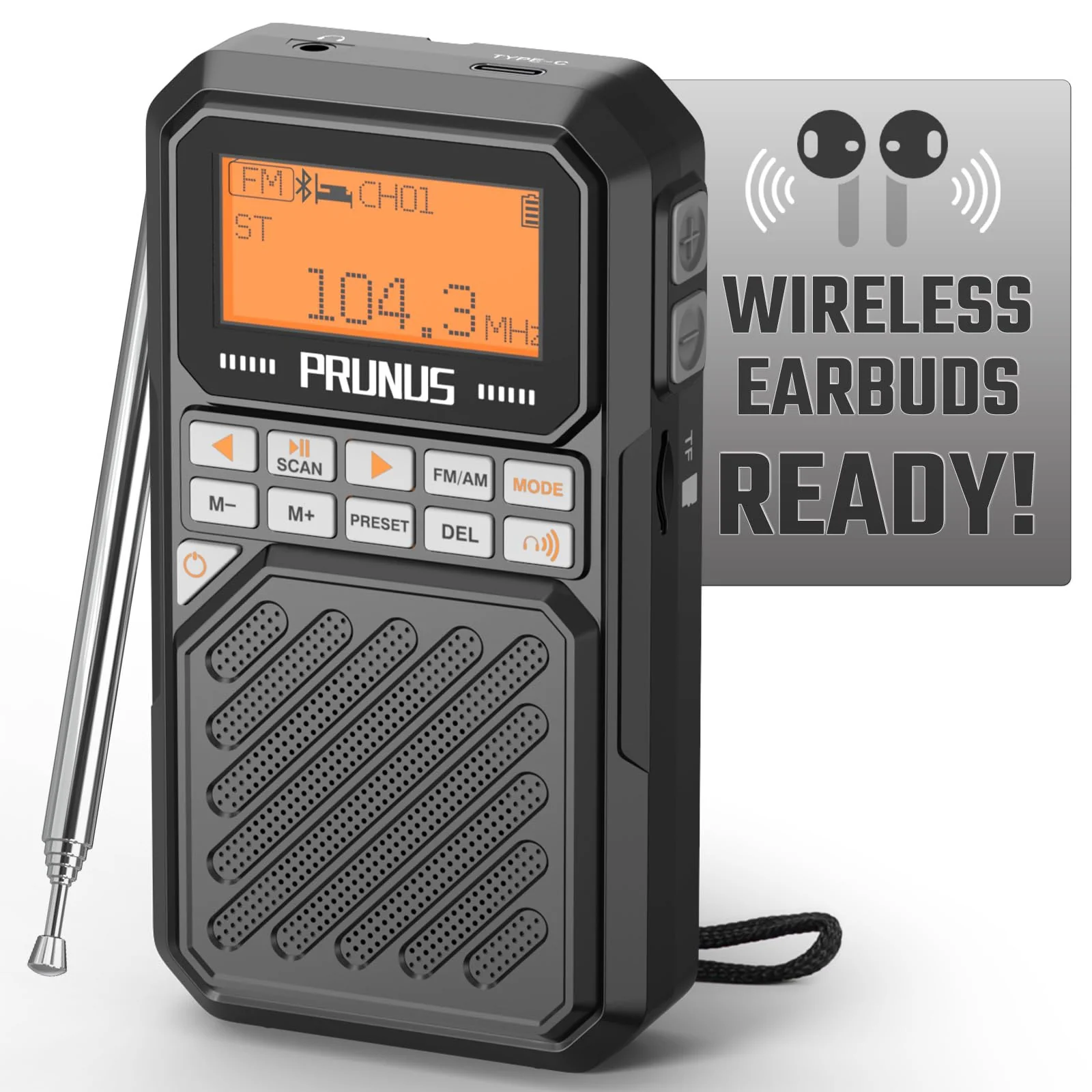 PRUNUS J525 Portable Radio AM FM with Bluetooth Earphone Output & Bluetooth Speaker Mode, Preset, 2500mAh Rechargeable, Micro SD Playback with Shuffle & Sequential Play, Headphone Jack, Sleep Timer
