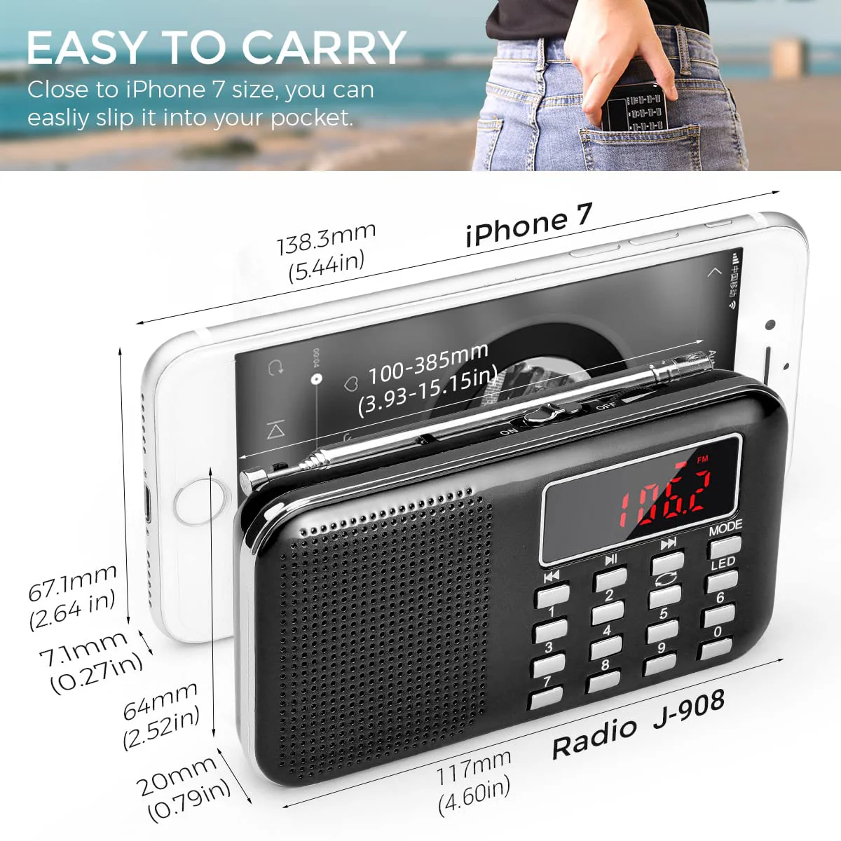 PRUNUS Mini Portable Radio AM FM Pocket Radio with MP3, LED Flashlight, Digital Radios Speaker Support Micro SD/TF Card/USB, Auto Scan Save, 1200mAh Rechargeable Battery Operated[Latest Version] Black - Image 3