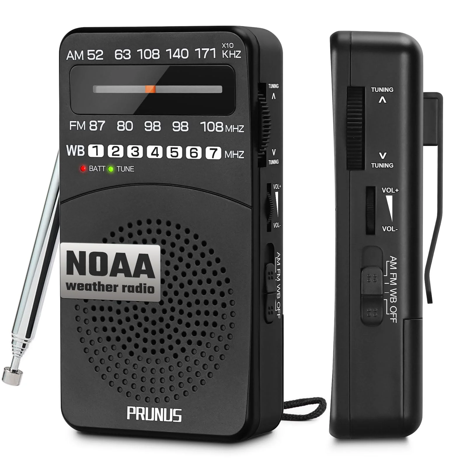 PRUNUS NOAA Weather Radio AM FM, Battery Powered Radio by AA, Transistor Radio, Earphone Jack, Portable Radio AM FM WB for Emergency, Hurricane, Floods, snowstorms