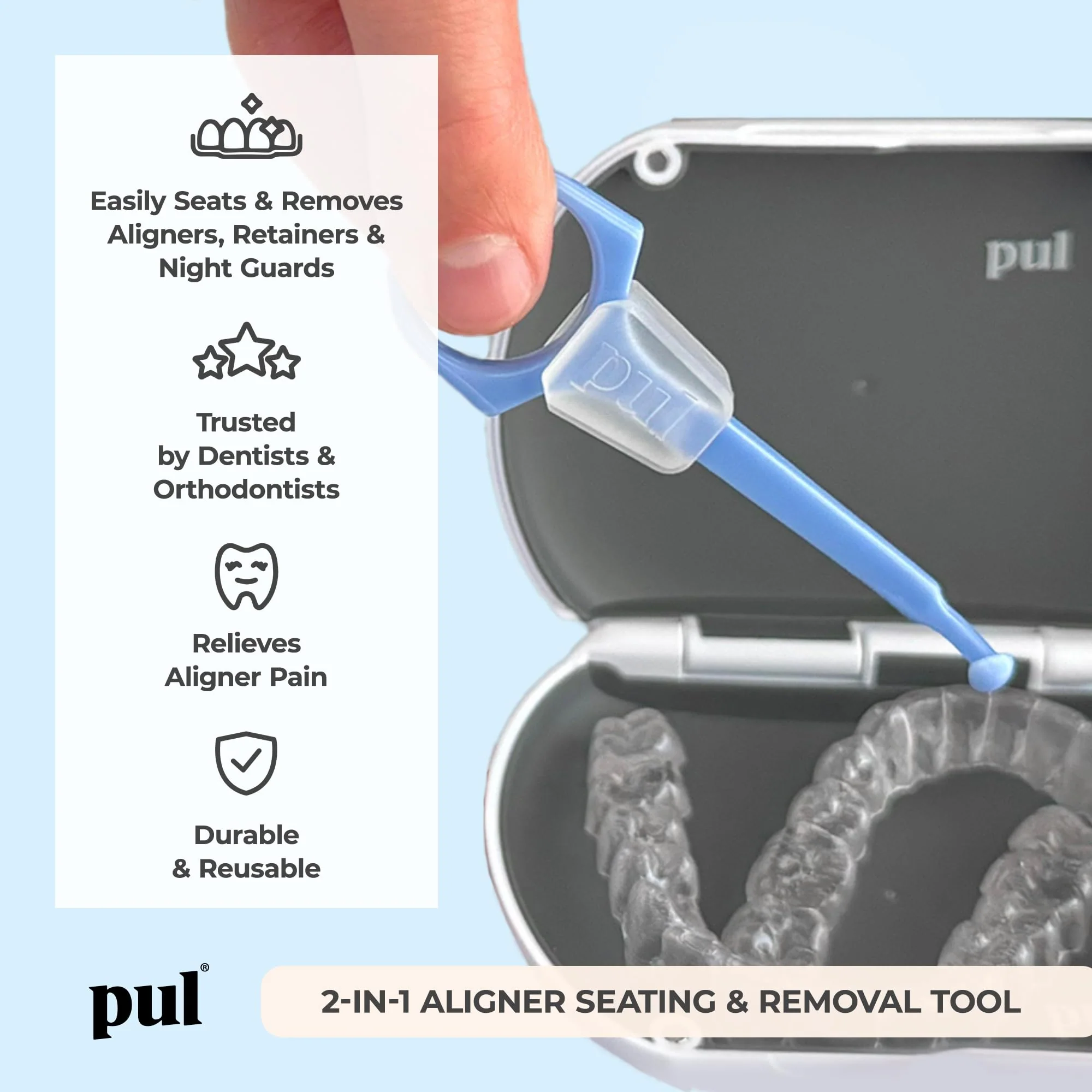 PUL Pack of 2 2-in-1 Invisalign Chewies and Aligner Removal Tool for Clear Aligners, Retainers and Trays - Reusable Invisalign Accessory with Chewy and Remover Hook - Travel Size Seating Tool - Purple 2 Pack - Image 2