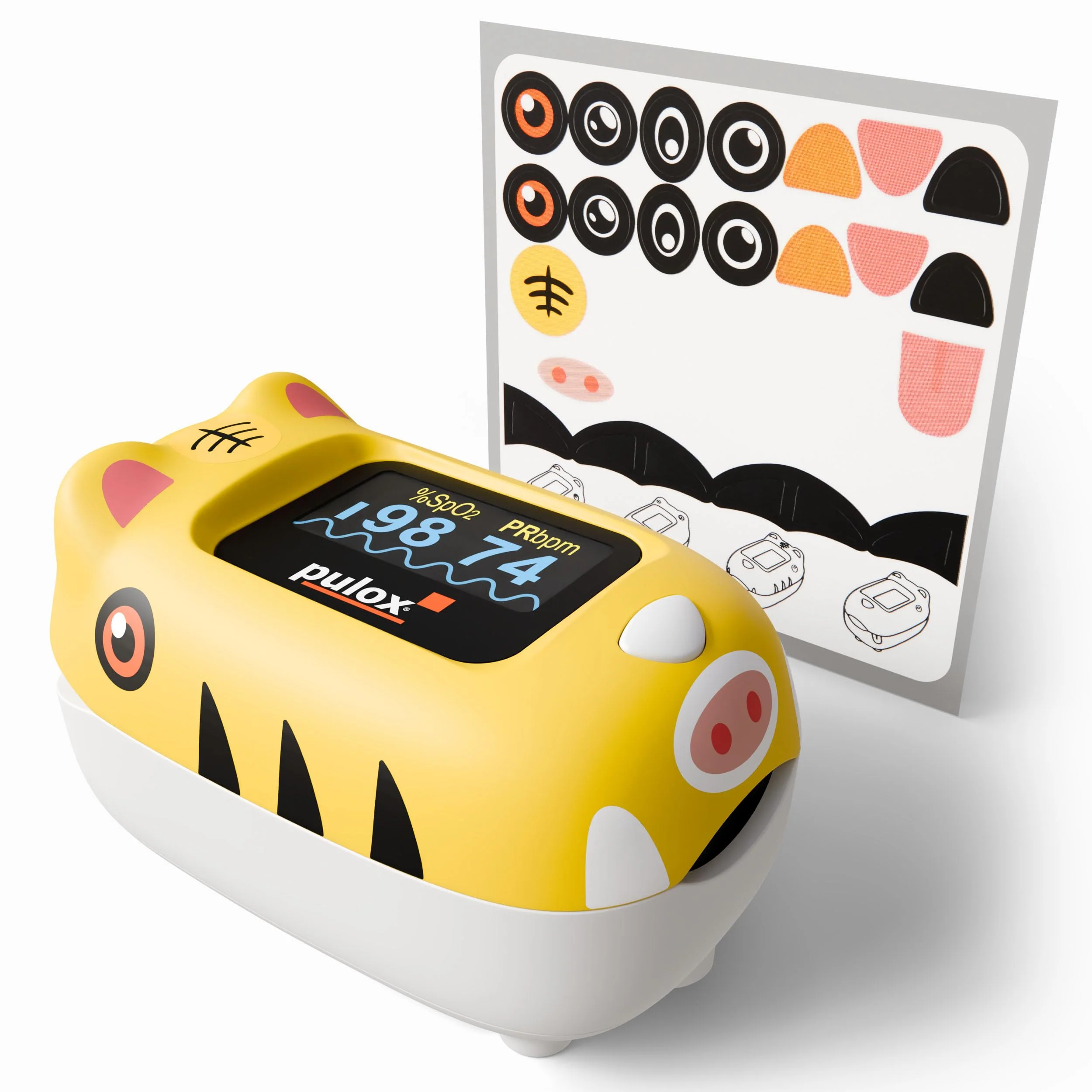 Pulox PO-230 Finger Pulse Oximeter for Children in Yellow, Measurement of SpO2 and Pulse in Seconds - with Stickers to Stick Yourself