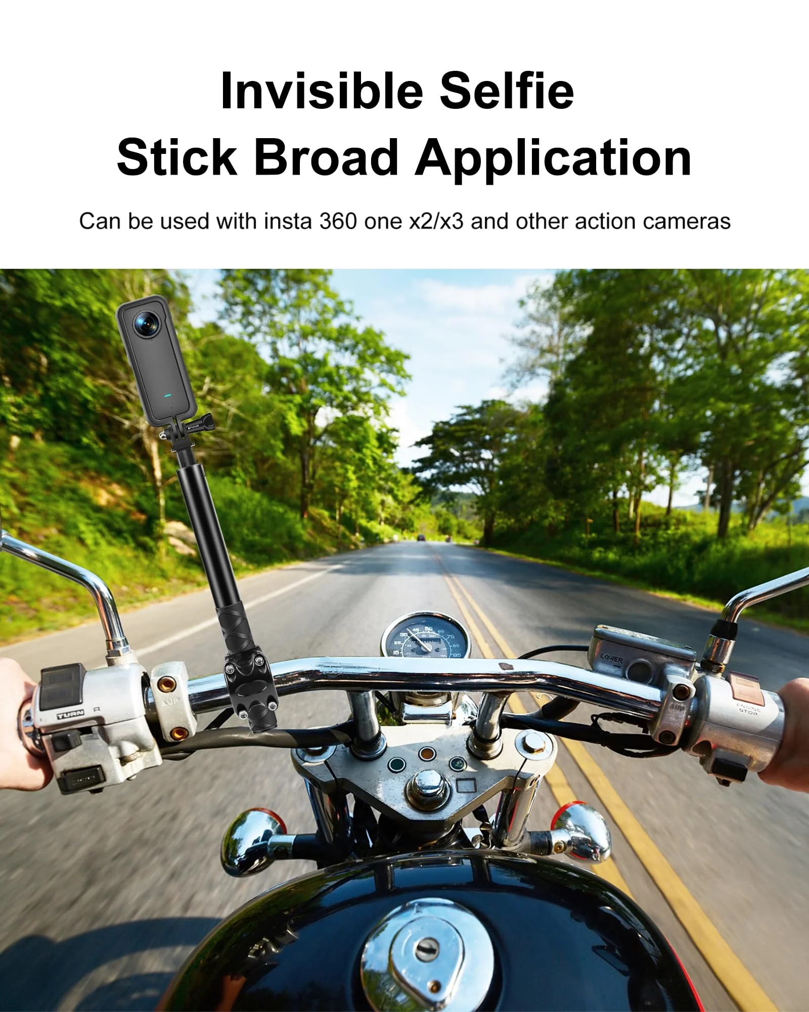 PULUZ Third Person Perspective Motorcycle Bike Handlebar Mount Selfie Stick Pole for Gopro, Insta360 X4 X3, Action Camera Clamp Monopod Stand 11-44.7 inch - Image 4