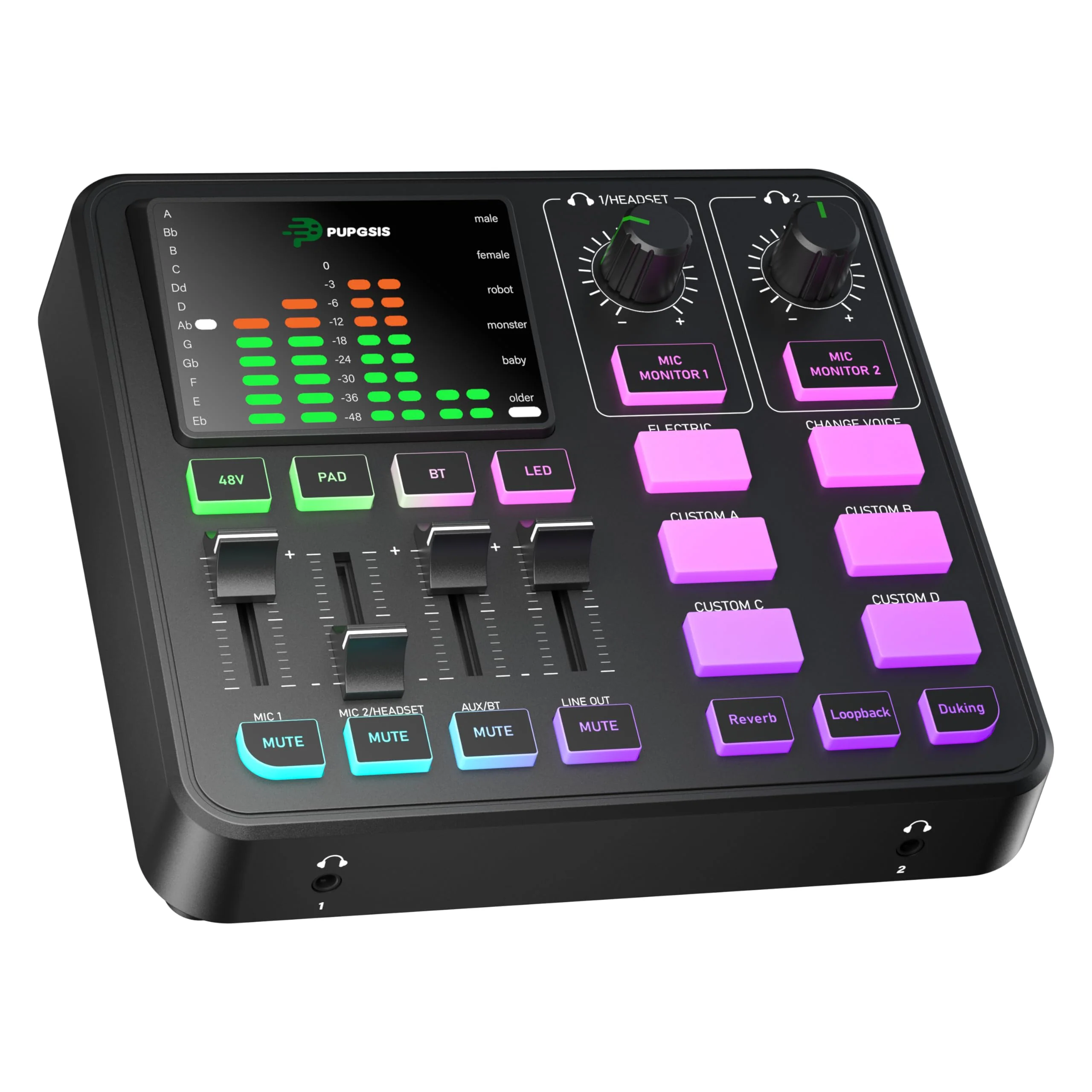 PUPGSIS Gaming Audio Mixer, Audio Interface for PC/Podcast/Streaming, Sound Board with 3.5mm/XLR Mic Input, 48V Phantom Power, Voice Changer, Live Sound Card with DJ Mixer Effects/Bluetooth/4 Channel Black
