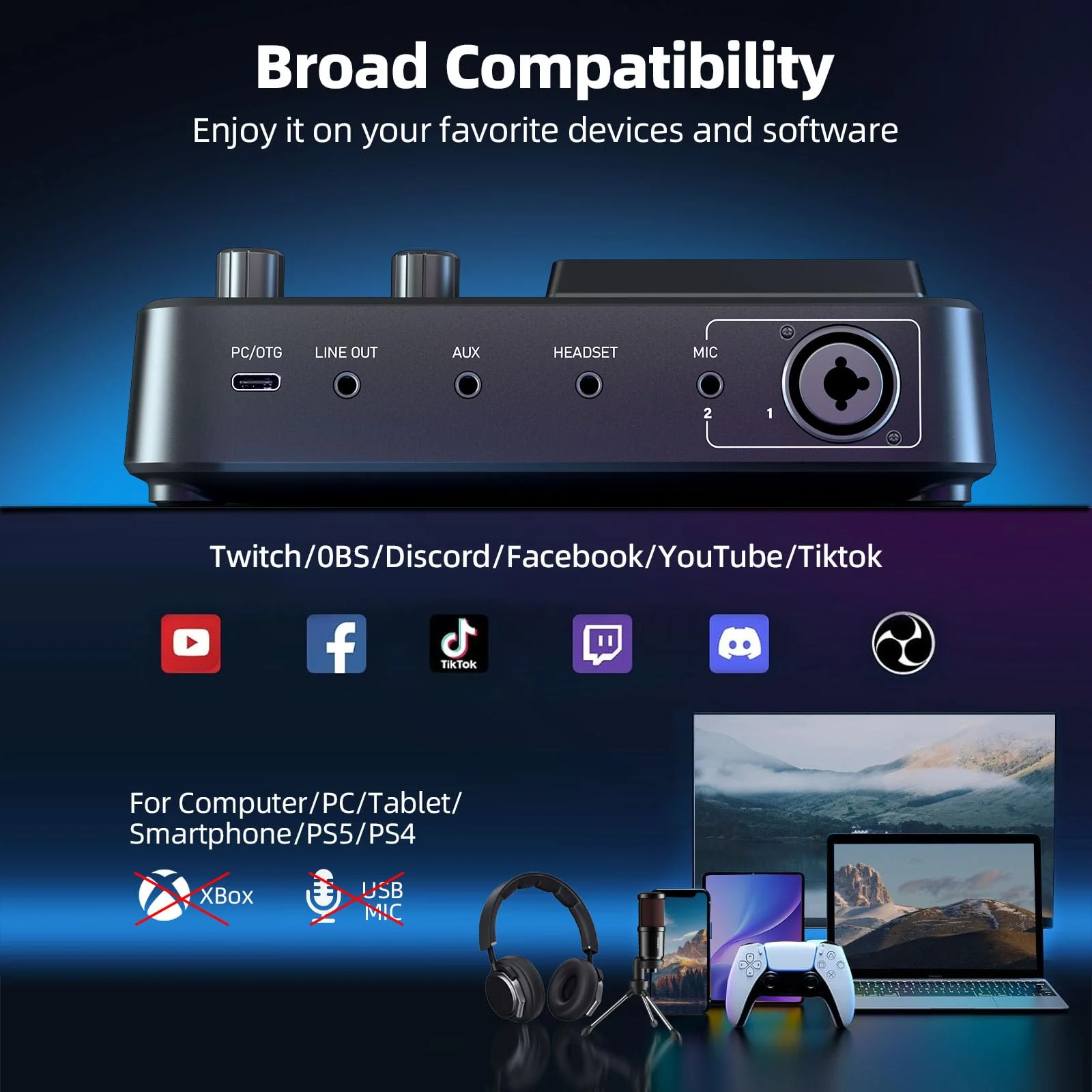 PUPGSIS Gaming Audio Mixer, Audio Interface for PC/Podcast/Streaming, Sound Board with 3.5mm/XLR Mic Input, 48V Phantom Power, Voice Changer, Live Sound Card with DJ Mixer Effects/Bluetooth/4 Channel Black - Image 7