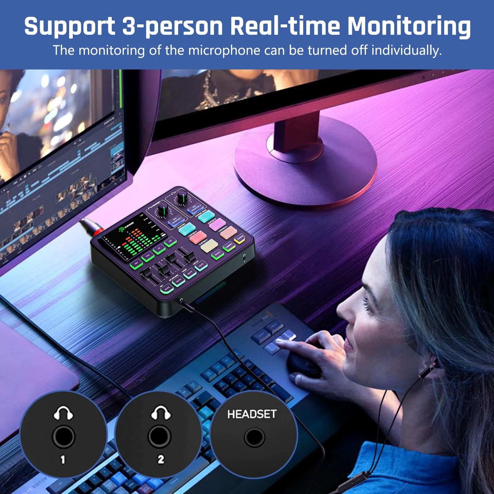 PUPGSIS Gaming Audio Mixer, Audio Interface for PC/Podcast/Streaming, Sound Board with 3.5mm/XLR Mic Input, 48V Phantom Power, Voice Changer, Live Sound Card with DJ Mixer Effects/Bluetooth/4 Channel Black - Image 9