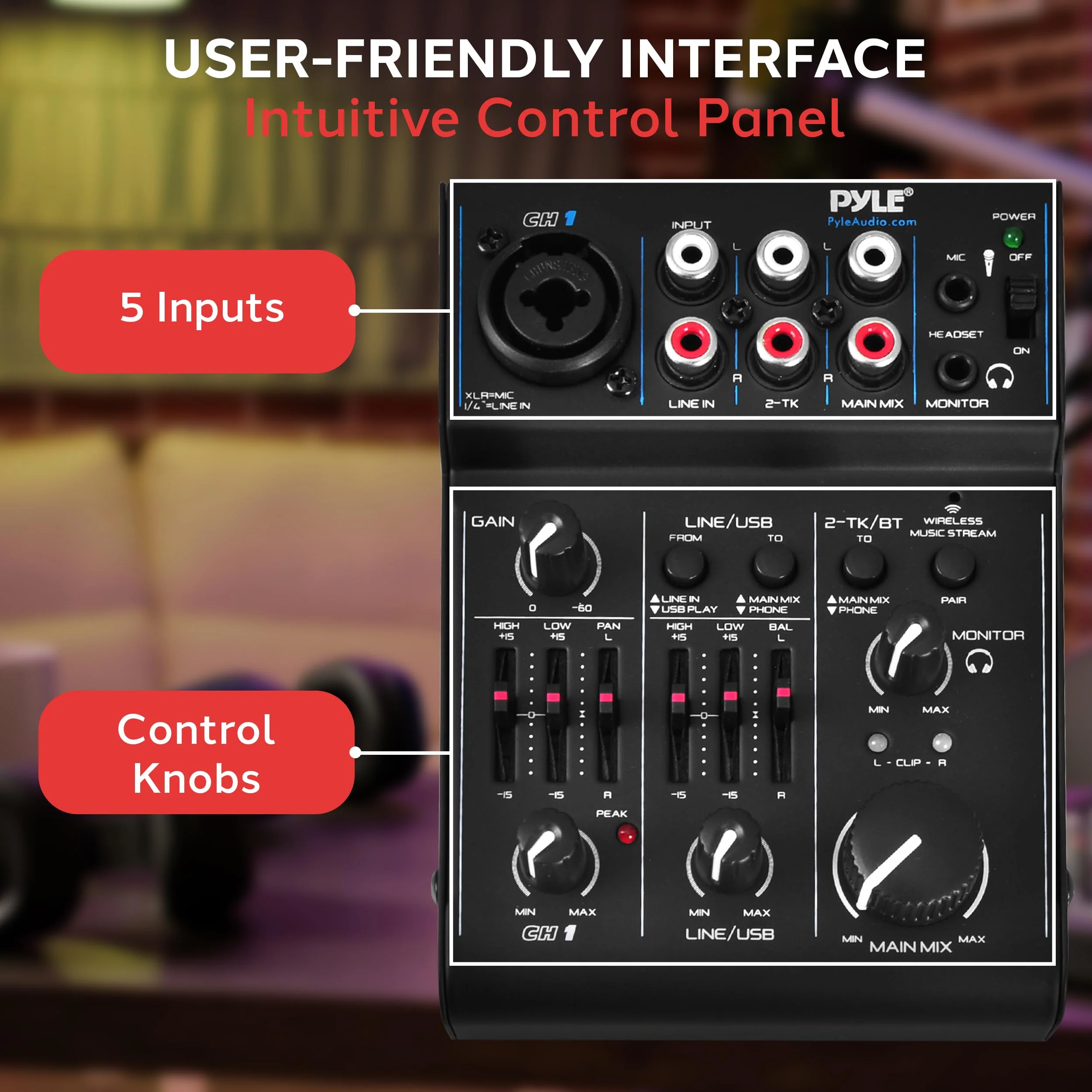 Pyle 3-Channel Bluetooth Audio Mixer – DJ Sound Controller & USB Soundcard Interface for PC Recording, XLR & 3.5mm Mic Input, RCA In/Out, 18V Power – Professional & Beginner DJ Mixer - Image 5