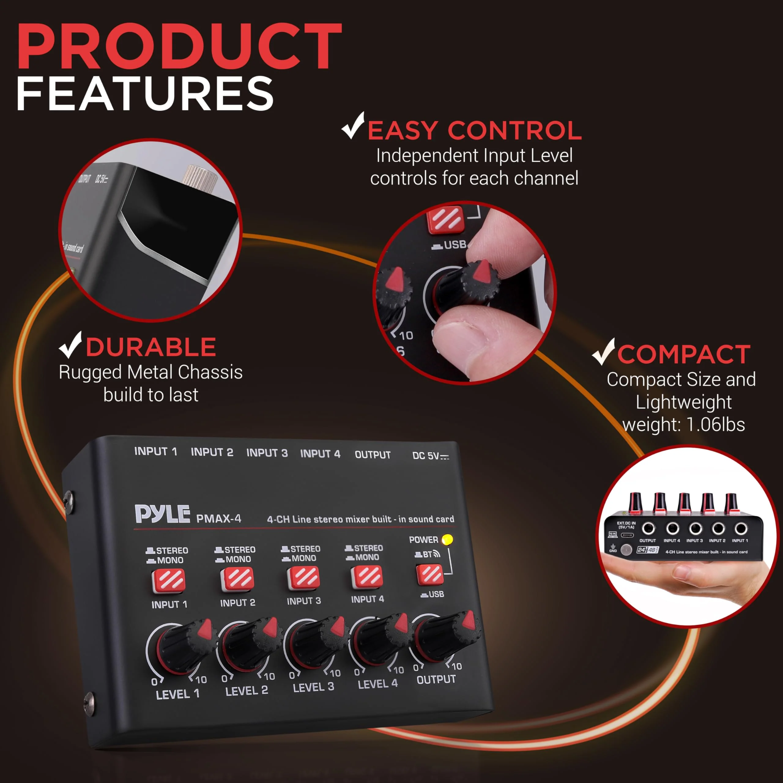 Pyle 4-Channel Wireless Bluetooth 5.0 Line Mixer - USB Audio Interface - 4 Mono/Stereo Inputs - Ultra-Low Noise - High Headroom - Built-in USB-C Sound Card - Compact Metal Chassis - PMAX4 - Image 7