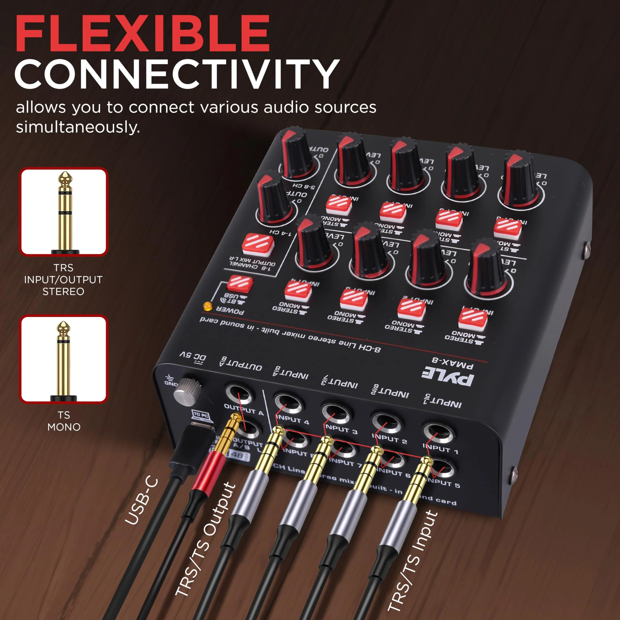 Pyle 8-Channel Wireless BT Streaming Mini Line Mixer with USB Audio Interface - 8 Mono/Stereo Switching Inputs | Ultra-low Noise Design with High Headroom | Built-in USB Sound Card - PMAX8 - Image 3