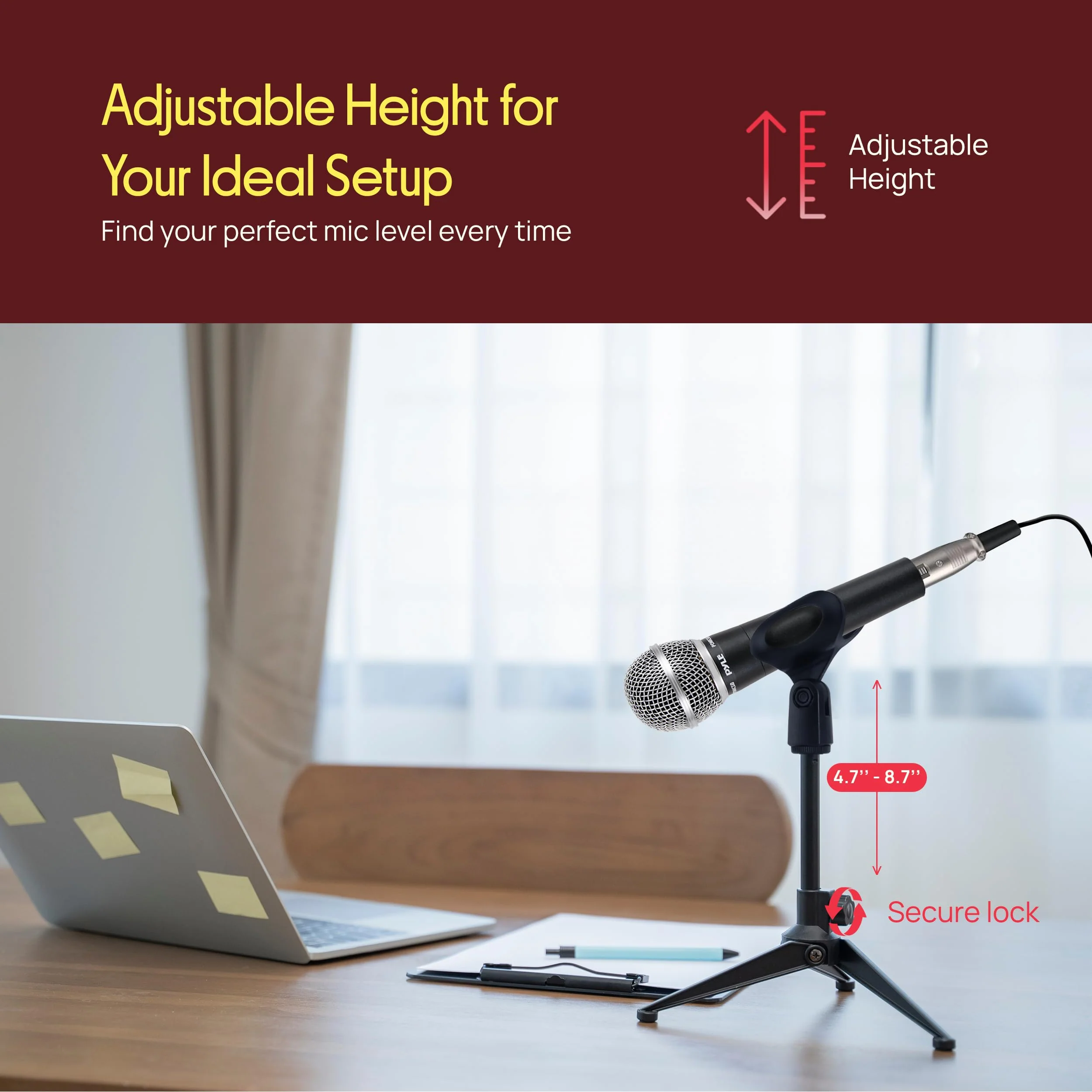 Pyle Desktop Tripod Microphone Stand - Adjustable Height 4.7” to 8.7” with Heavy Duty Clutch, Supports 5 Lbs, Ideal for Podcast, Screencasts, or Desktop Applications 8.7-inches - Image 2