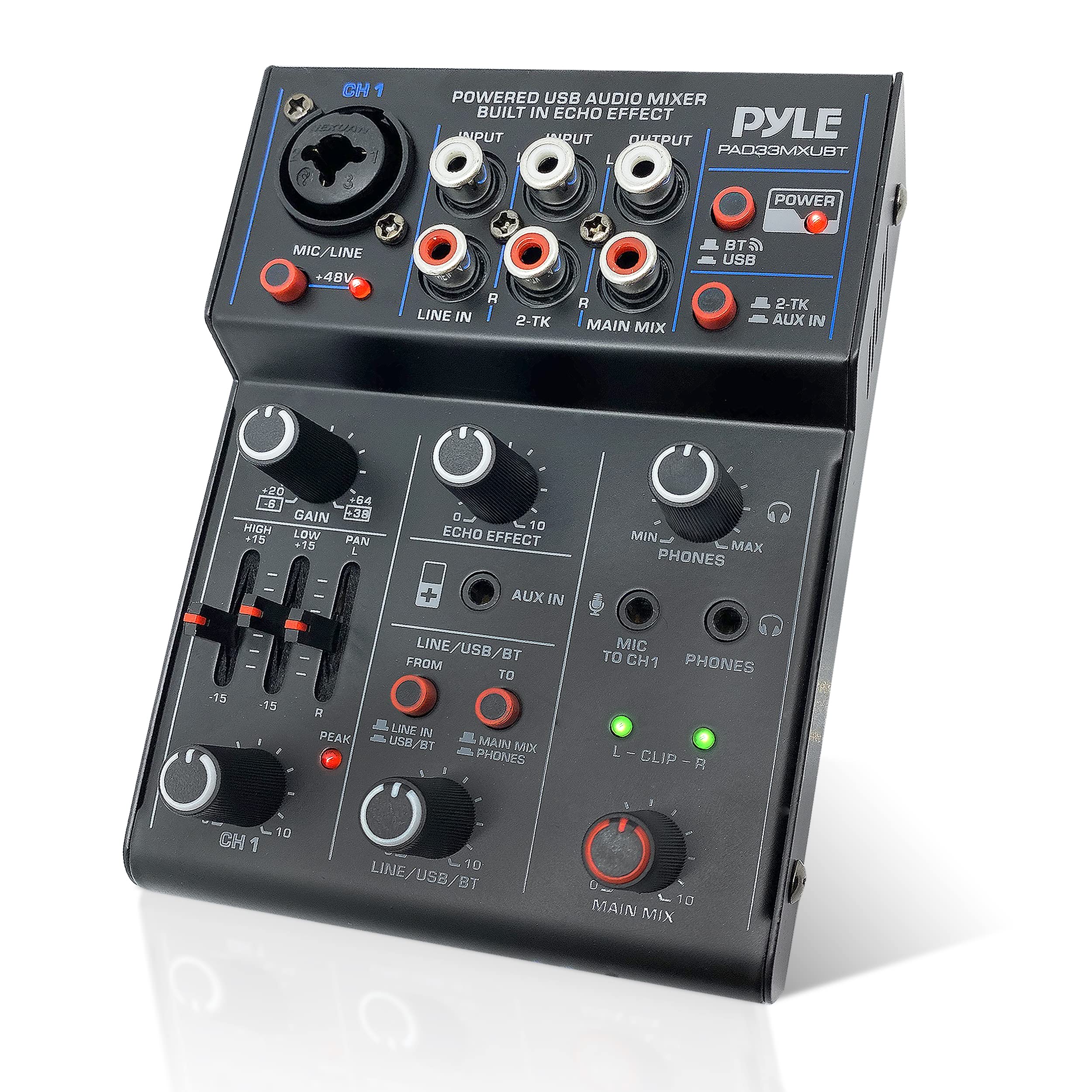 Pyle Professional Wireless DJ Audio Mixer- 3-Channel Bluetooth DJ Controller Sound Mixer w/USB Audio Interface, Combo Jack XLR+6.35mm Mic/Line/Guitar In, 3.5mm, RCA, AUX, Headphone Jack- PAD33MXUBT.5