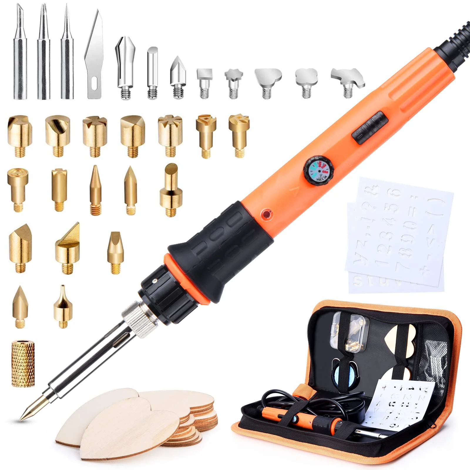 Pyrography Soldering Iron Set, Pyrography Piston Set, Temperature Adjustable 220~480 °C for Wood, Leather, Burning Iron, DIY Art Gift Set, Colour Pencils, Leather Engraving Welding, Sculpture (Orange) Orange
