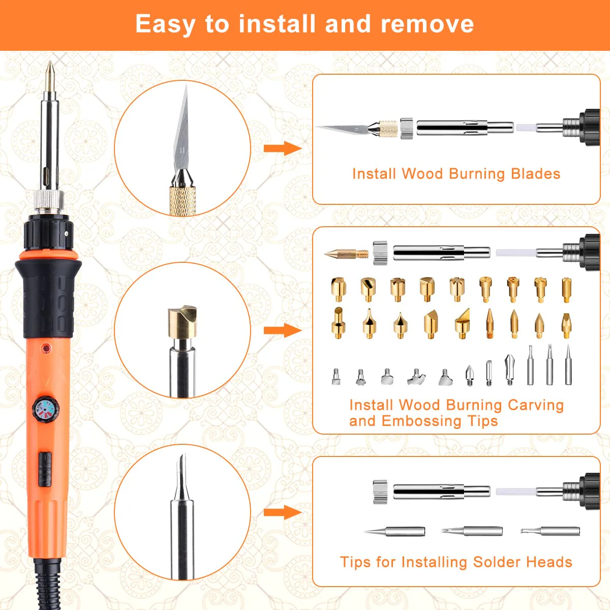 Pyrography Soldering Iron Set, Pyrography Piston Set, Temperature Adjustable 220~480 °C for Wood, Leather, Burning Iron, DIY Art Gift Set, Colour Pencils, Leather Engraving Welding, Sculpture (Orange) Orange - Image 4