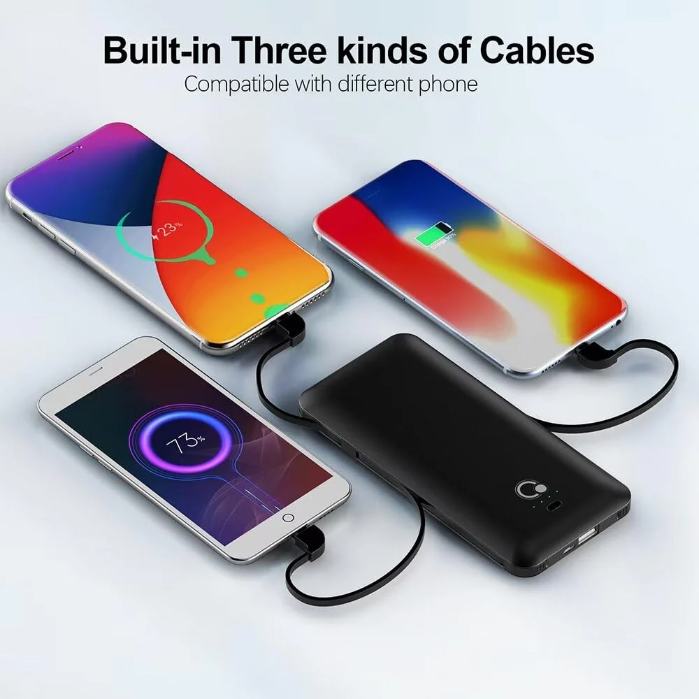 Q 10000mAh Power Bank, Slim Portable Charger,4 Output External Battery Pack with Built-in AC Wall Plug Micro USB C 3 Cables Compatible with iPhone Samsung Android Phone Tablet and More Black - Image 2