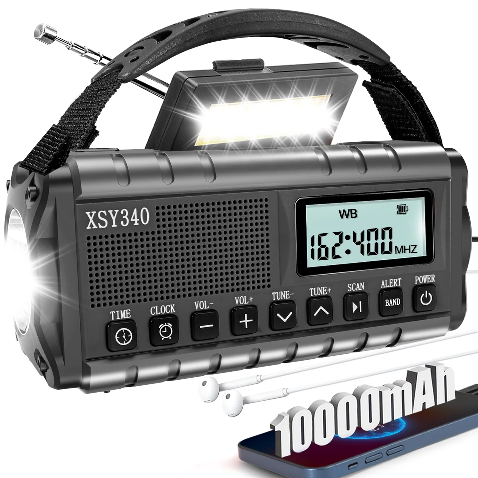 QAUYYW Upgraded 37000mWh Emergency Hand Crank Radio AM/FM with LED Flashlight Solar Radio, Portable Weather Radio, Emergency Cell Phone Charger for Family Outdoor Camping and Emergency Rescue Us black