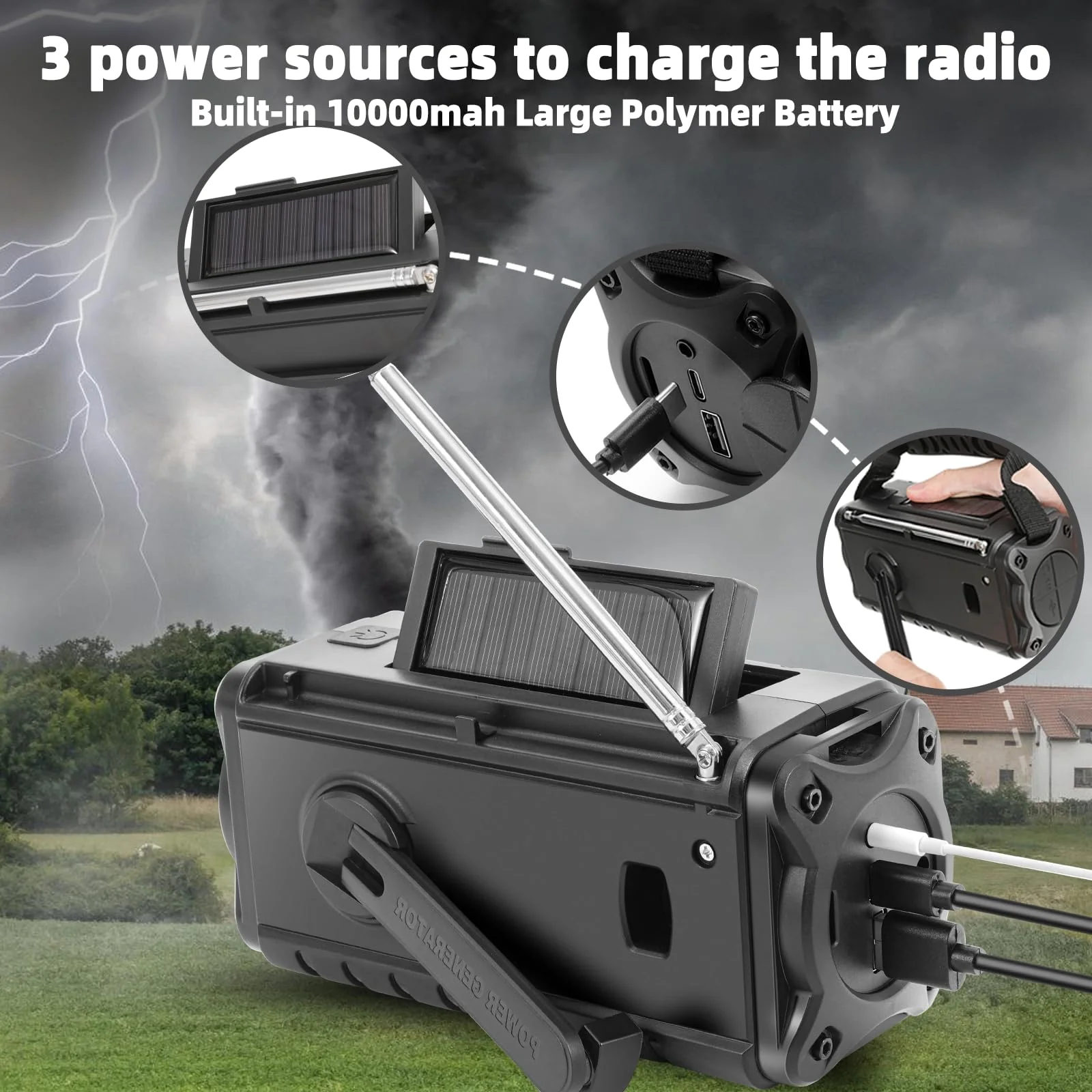 QAUYYW Upgraded 37000mWh Emergency Hand Crank Radio AM/FM with LED Flashlight Solar Radio, Portable Weather Radio, Emergency Cell Phone Charger for Family Outdoor Camping and Emergency Rescue Us black - Image 2