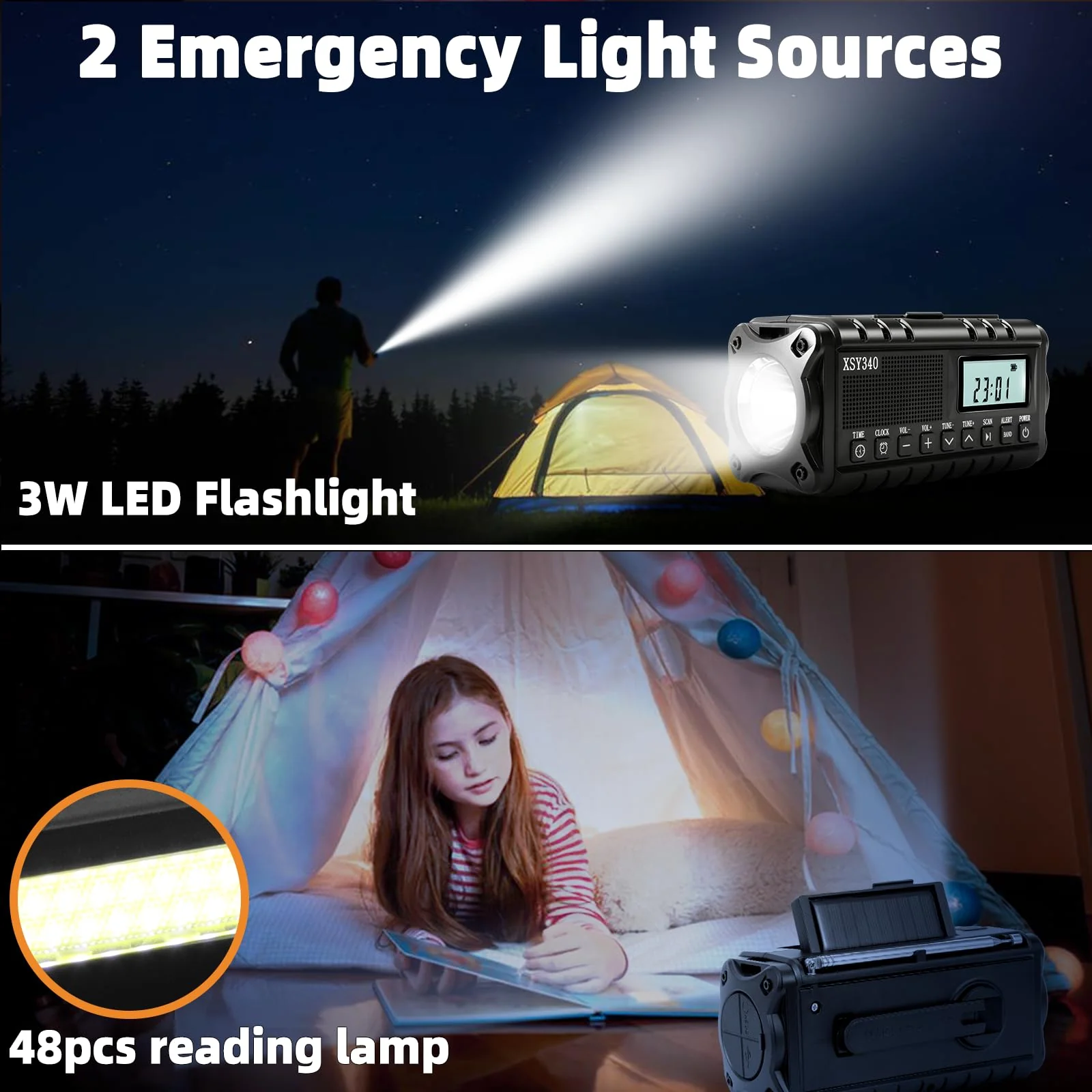 QAUYYW Upgraded 37000mWh Emergency Hand Crank Radio AM/FM with LED Flashlight Solar Radio, Portable Weather Radio, Emergency Cell Phone Charger for Family Outdoor Camping and Emergency Rescue Us black - Image 4