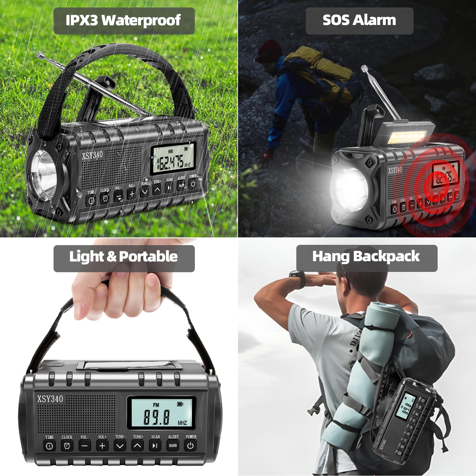 QAUYYW Upgraded 37000mWh Emergency Hand Crank Radio AM/FM with LED Flashlight Solar Radio, Portable Weather Radio, Emergency Cell Phone Charger for Family Outdoor Camping and Emergency Rescue Us black - Image 6