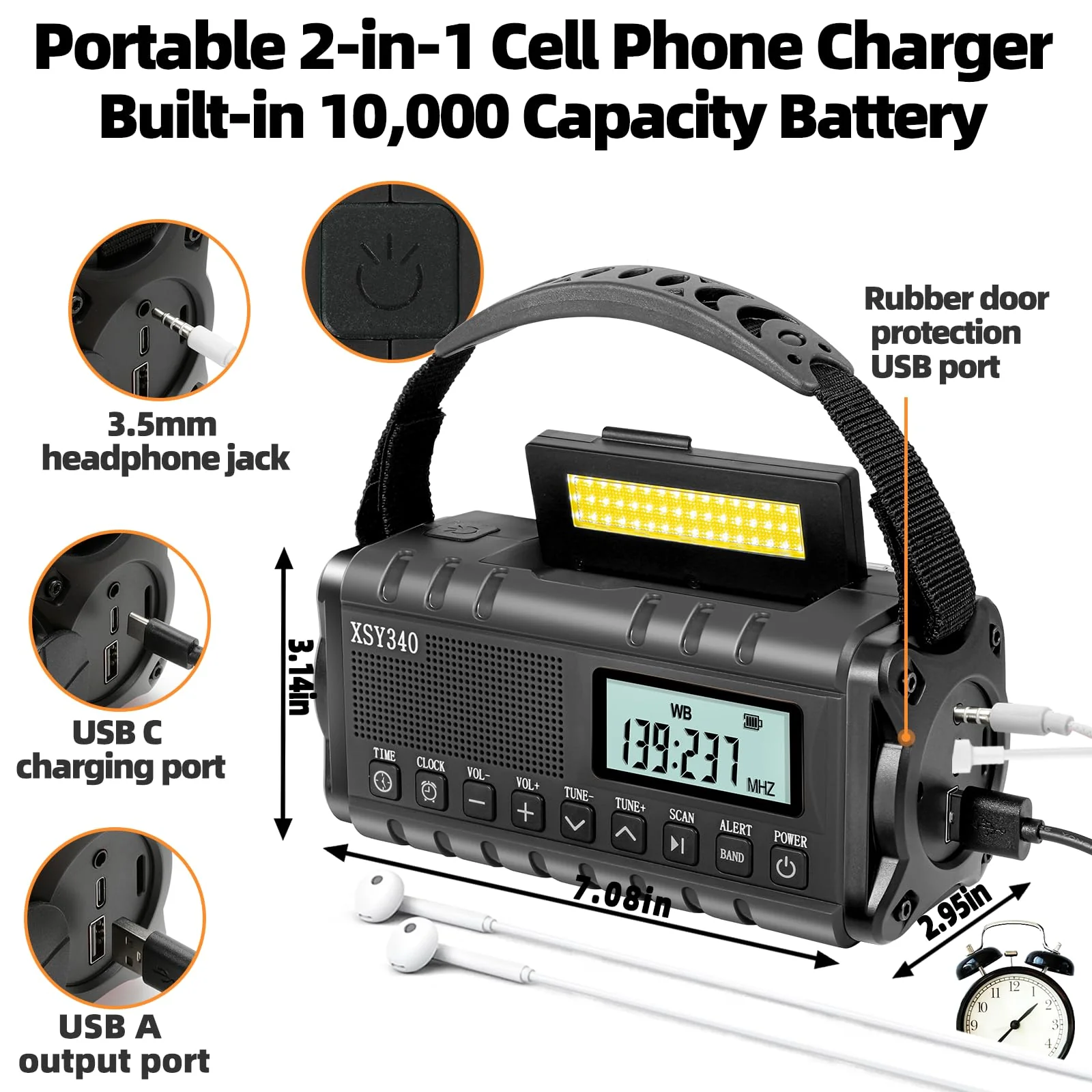 QAUYYW Upgraded 37000mWh Emergency Hand Crank Radio AM/FM with LED Flashlight Solar Radio, Portable Weather Radio, Emergency Cell Phone Charger for Family Outdoor Camping and Emergency Rescue Us black - Image 7