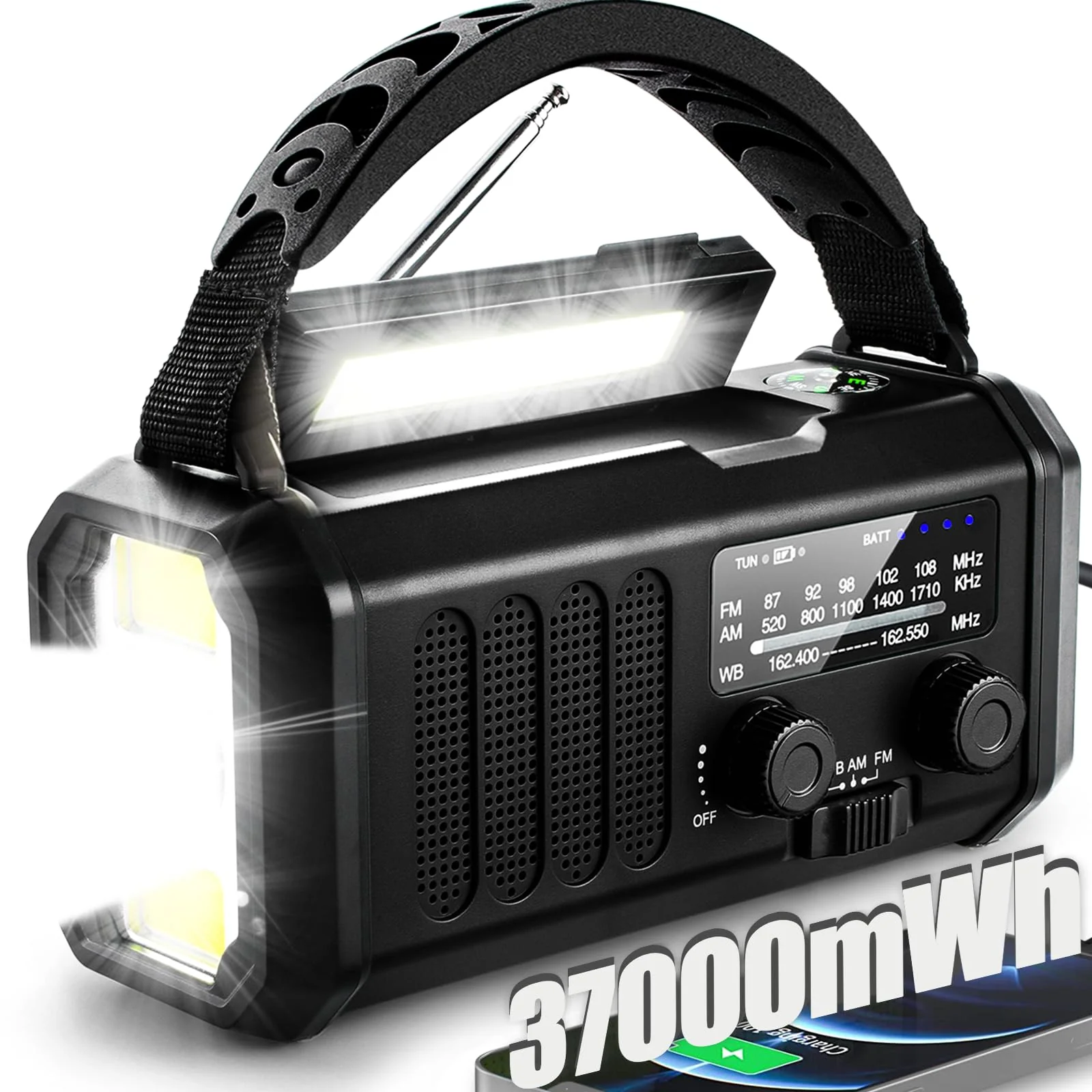 QAUYYW10000mAh/37000mWh Emergency Hand Crank Radio AM/FM with LED Flashlight Solar Radio, Portable Weather Radio, Emergency Cell Phone Charger for Family Outdoor Camping and Emergency Rescue Us Black