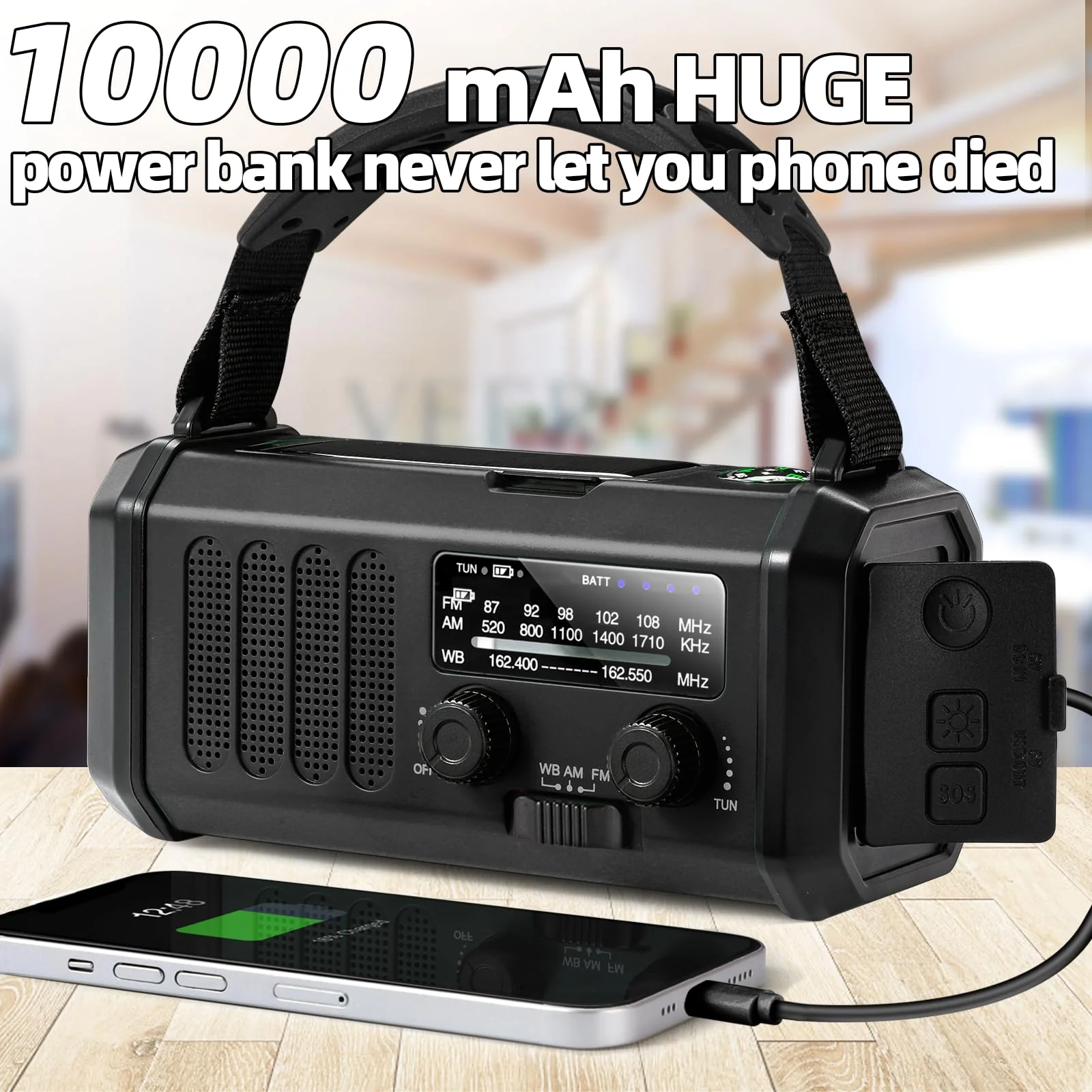 QAUYYW10000mAh/37000mWh Emergency Hand Crank Radio AM/FM with LED Flashlight Solar Radio, Portable Weather Radio, Emergency Cell Phone Charger for Family Outdoor Camping and Emergency Rescue Us Black - Image 4