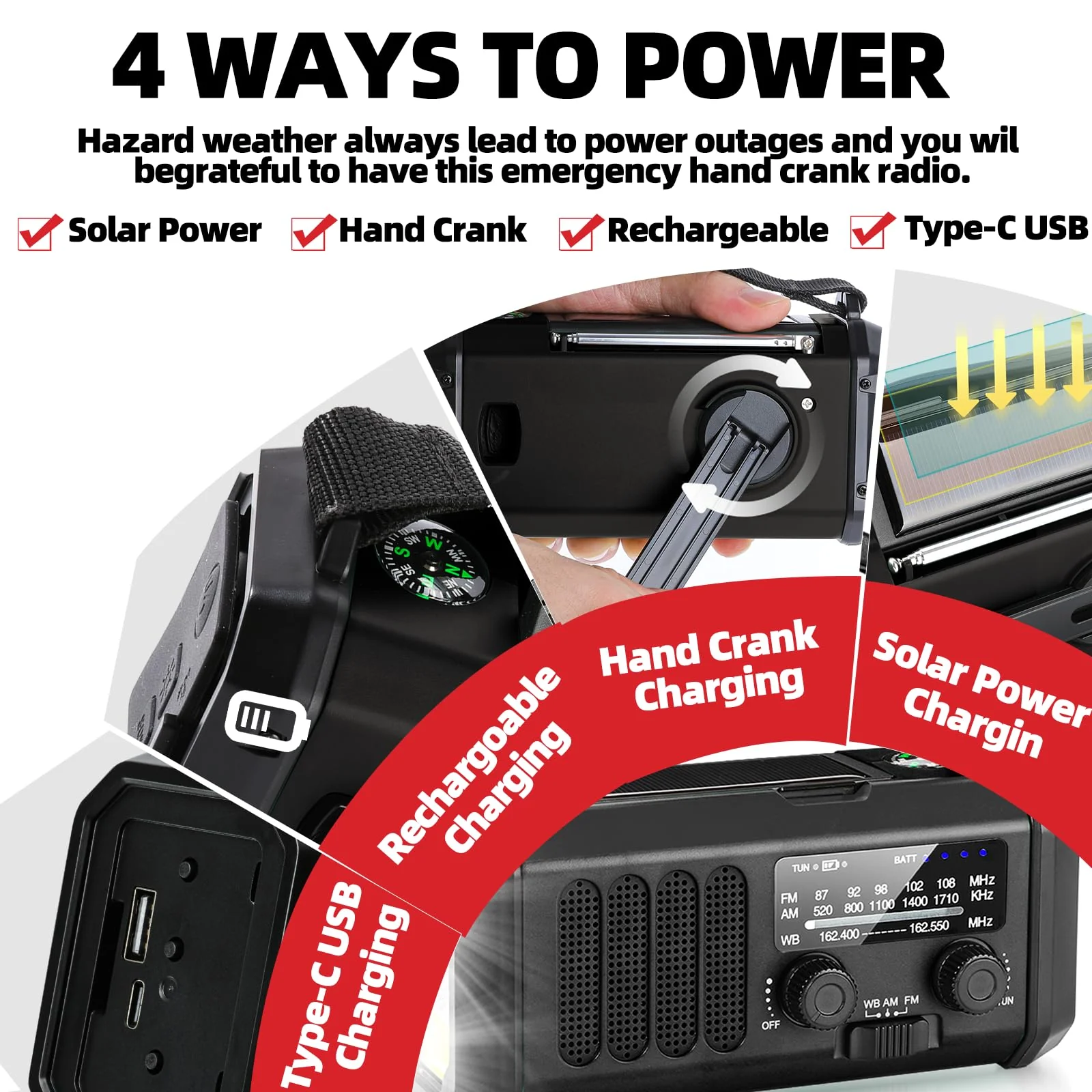 QAUYYW10000mAh/37000mWh Emergency Hand Crank Radio AM/FM with LED Flashlight Solar Radio, Portable Weather Radio, Emergency Cell Phone Charger for Family Outdoor Camping and Emergency Rescue Us Black - Image 5