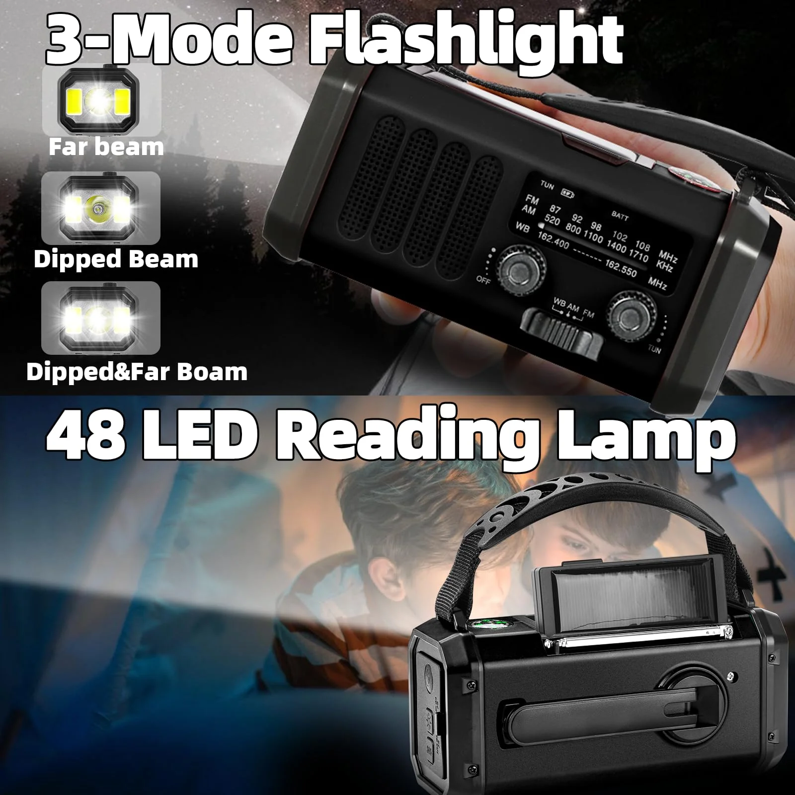 QAUYYW10000mAh/37000mWh Emergency Hand Crank Radio AM/FM with LED Flashlight Solar Radio, Portable Weather Radio, Emergency Cell Phone Charger for Family Outdoor Camping and Emergency Rescue Us Black - Image 7