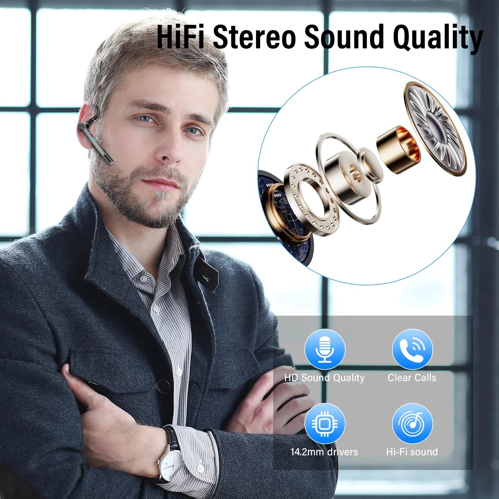 Qecnato Bluetooth Headset, Wireless Earpiece with ENC Microphone, Single-Ear Bluetooth Earpiece V5.3 with Earhook, 60H Talktime, IP7 Waterproof Hands Free Earphones for for Business/Office, Black - Image 2