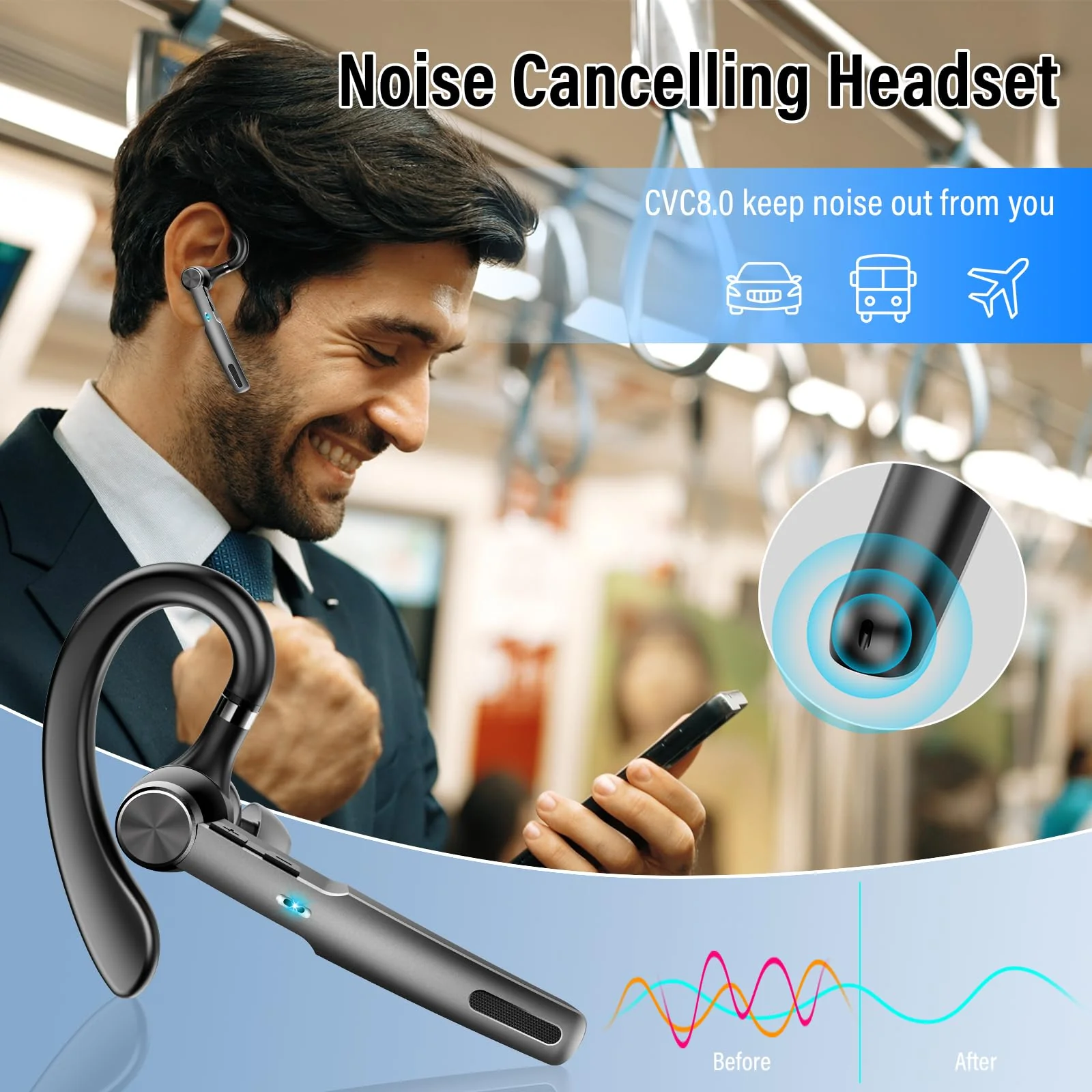 Qecnato Bluetooth Headset, Wireless Earpiece with ENC Microphone, Single-Ear Bluetooth Earpiece V5.3 with Earhook, 60H Talktime, IP7 Waterproof Hands Free Earphones for for Business/Office, Black - Image 4