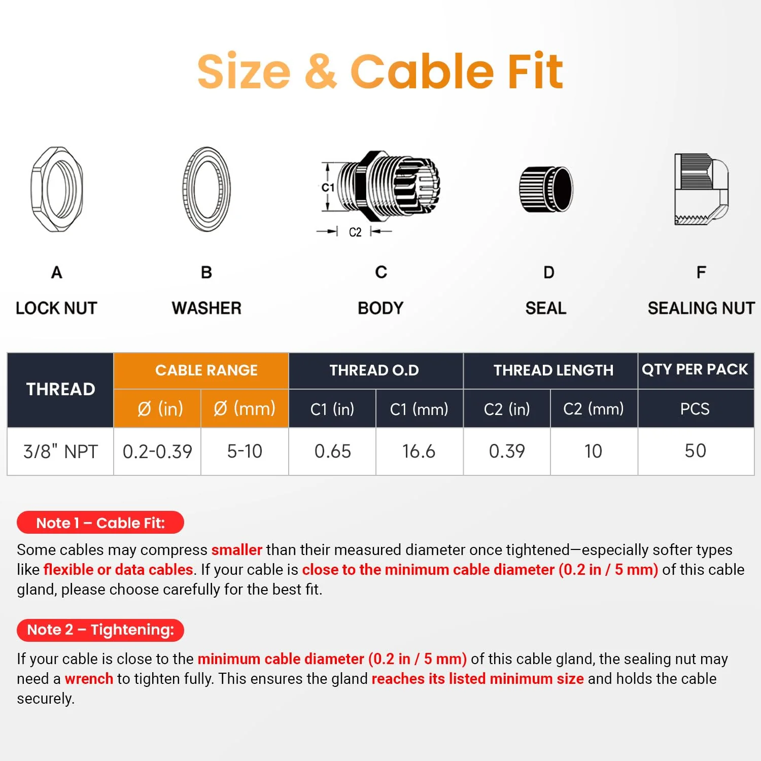 QILIPSU 50pcs 3/8" NPT Cable Gland Waterproof IP68 Nylon Cable Pass Through Cord Grip Connector Strain Relief Wire Grommet 3/8" NPT 50pcs - Image 5