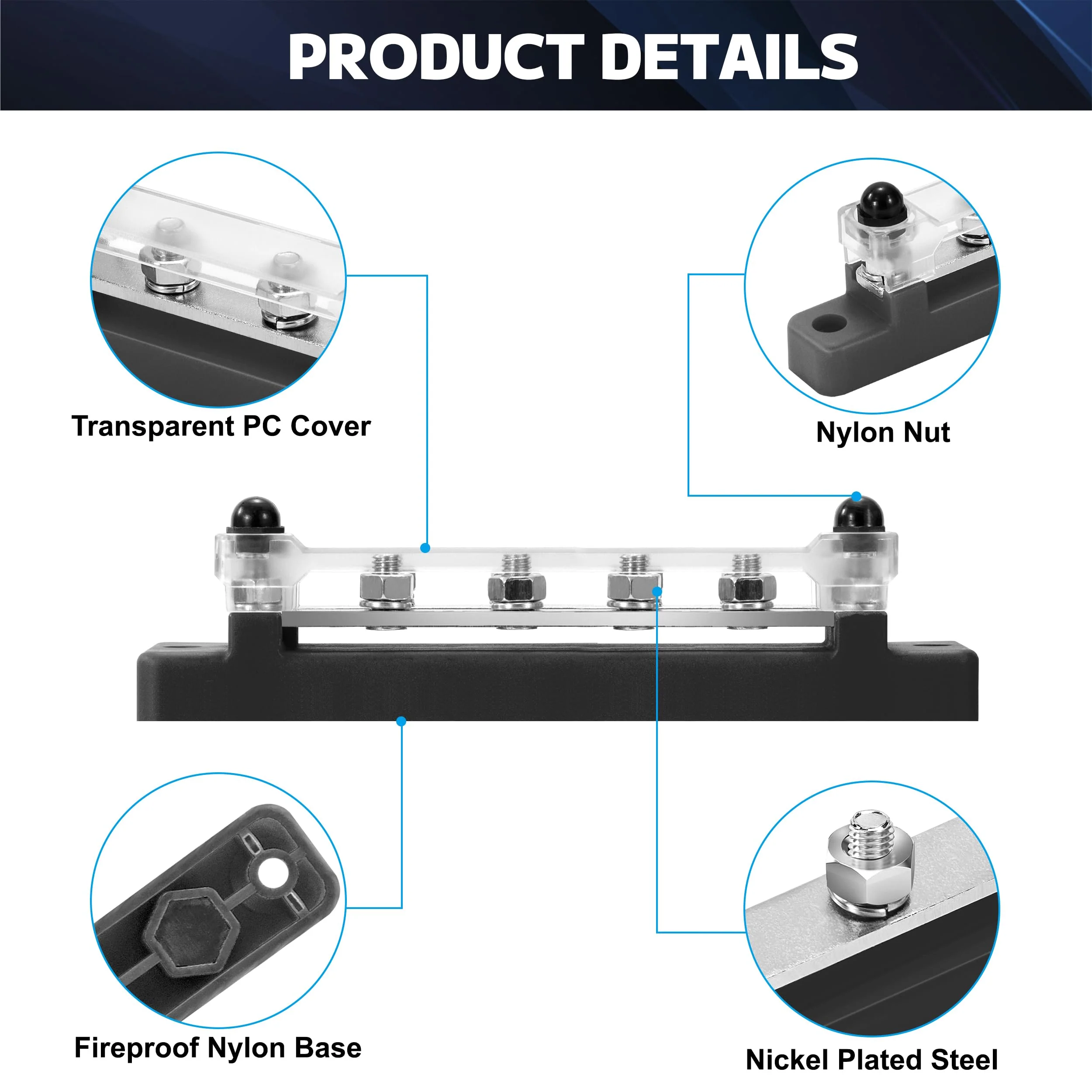 QIMEI-SHOP Busbar 12V-48V DC Busbars Distribution Block Power Distribution Block 150A Busbar with 6 x M6 Connection Bolts for Car RV Boat Black M6 Schwarz - Image 3