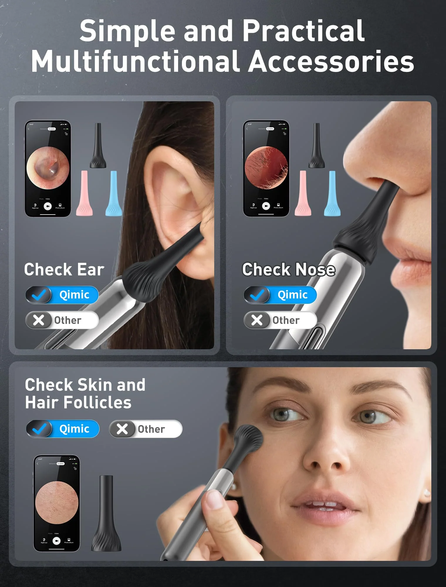 Qimic Ear Wax Remover Otoscope, WiFi Ear Cleaner with Camera, IP67 Waterproof Ear Camera, 360° Wide Angle Otoscope Camera with 6 LEDs for iPhone, Android Smartphones and iPad N5D 2-Black Grey - Image 2