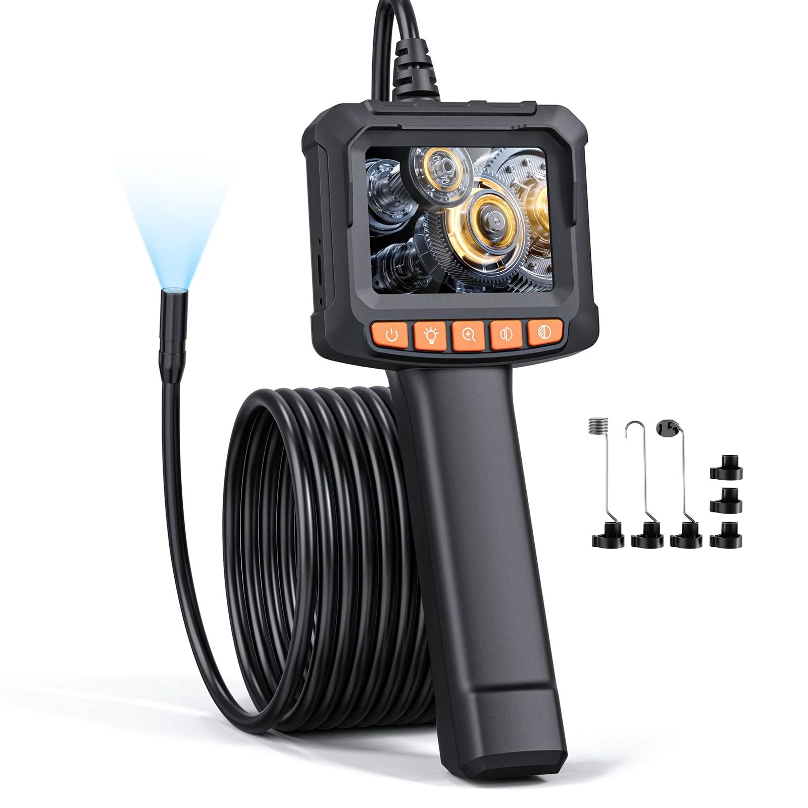 Qimic Endoscope Camera with Light, 1080P HD Tube Camera with 8 LEDs, 2.4 Inch IPS IP67 Screen, Inspection Camera, Live Picture with 2 x Zoom, Semi-Rigid Cable, 16.4 ft, 2000 mAh Battery 5m/16.4ft