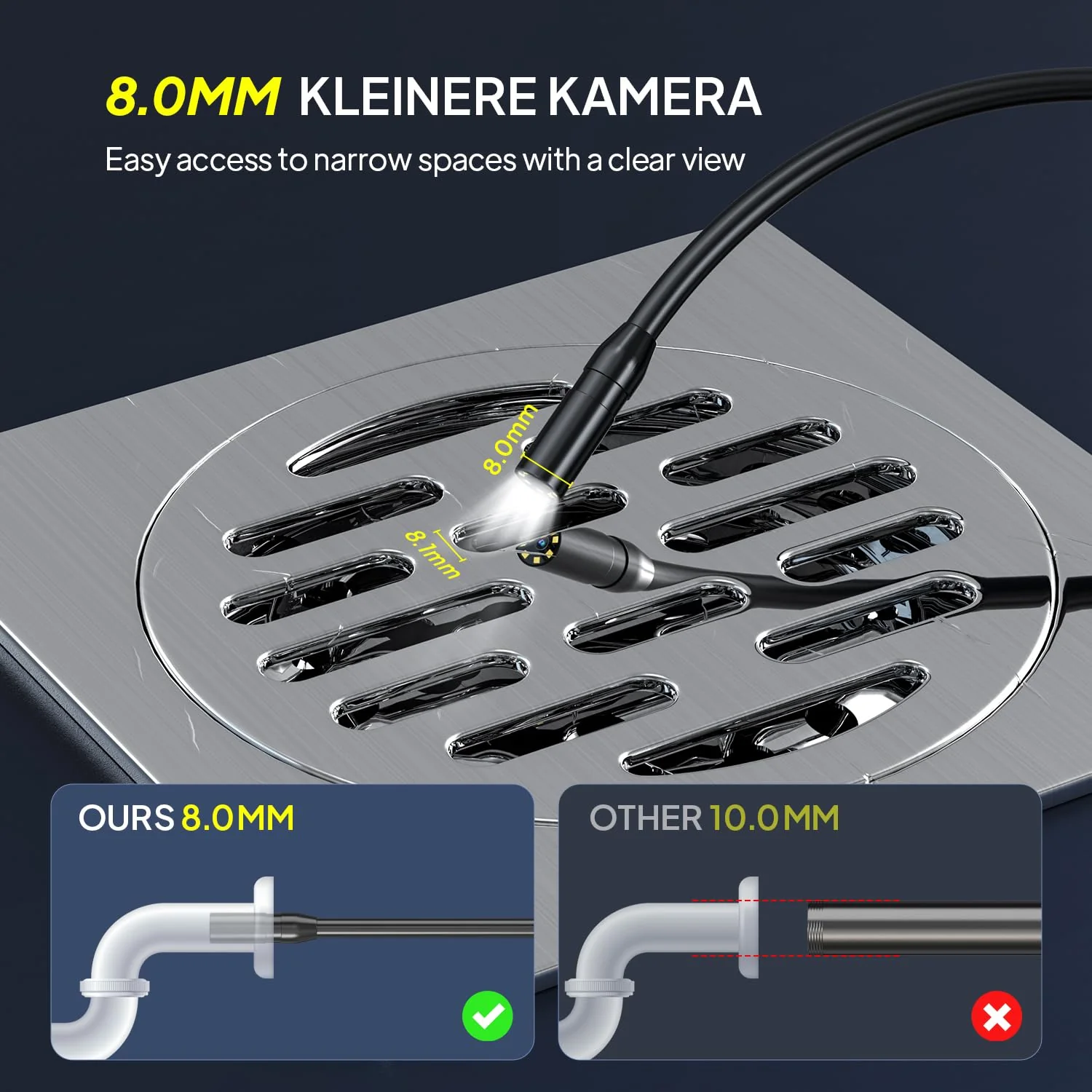 Qimic Endoscope Camera with Light, 1080P HD Tube Camera with 8 LEDs, 2.4 Inch IPS IP67 Screen, Inspection Camera, Live Picture with 2 x Zoom, Semi-Rigid Cable, 16.4 ft, 2000 mAh Battery 5m/16.4ft - Image 3