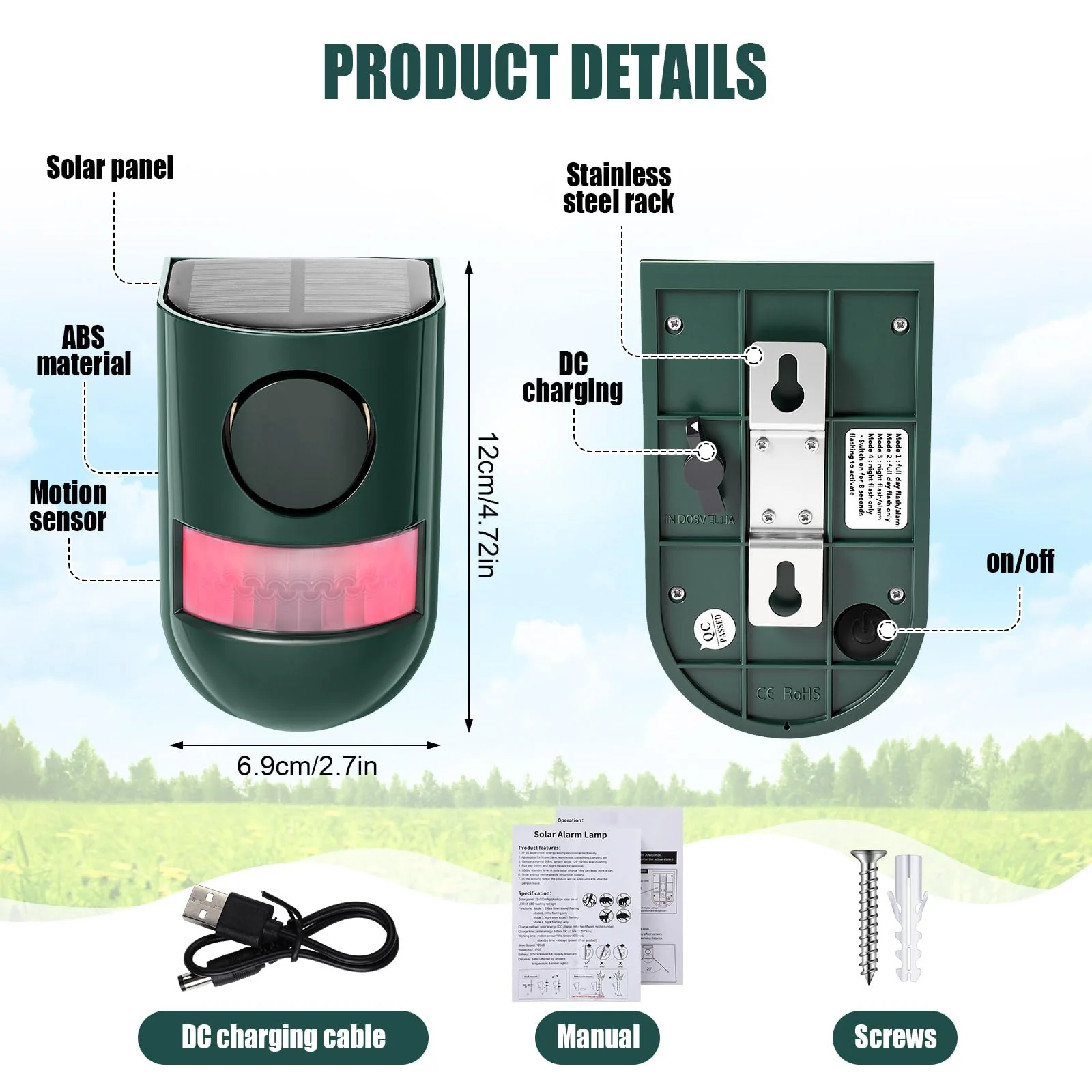 Qualirey Solar Sound and Light Alarm Motion Sensor 129db Outdoor Security Siren Waterproof Activated Detector Driveway Alarm 6 LEDs Flash Warning Deterrent Strobe System for Home, Farm(Green,4 Pack) 4 Green - Image 2